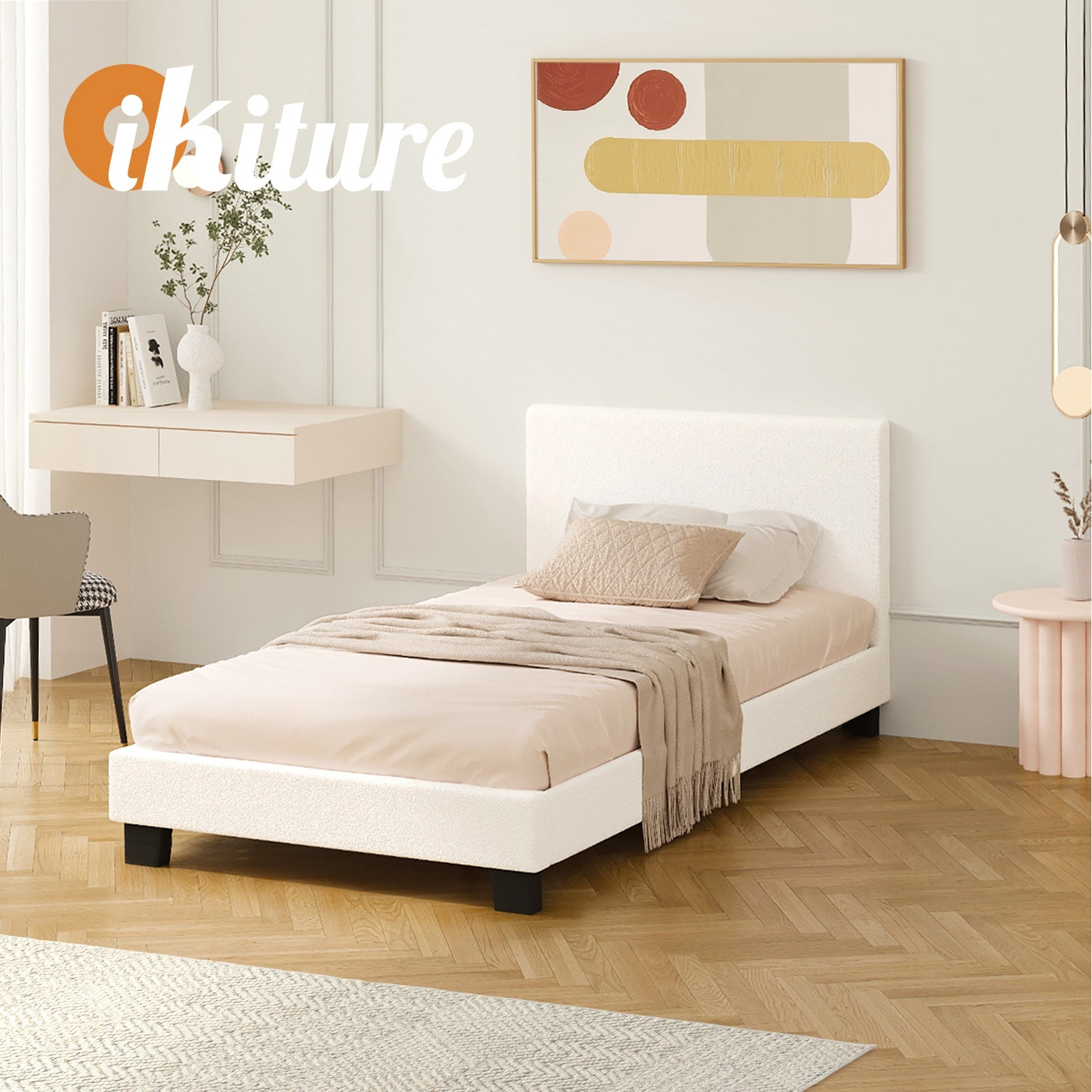 Oikiture Bed Frame King Single Size Mattress Base Boucle Fabric Platform Wooden - Sunyee