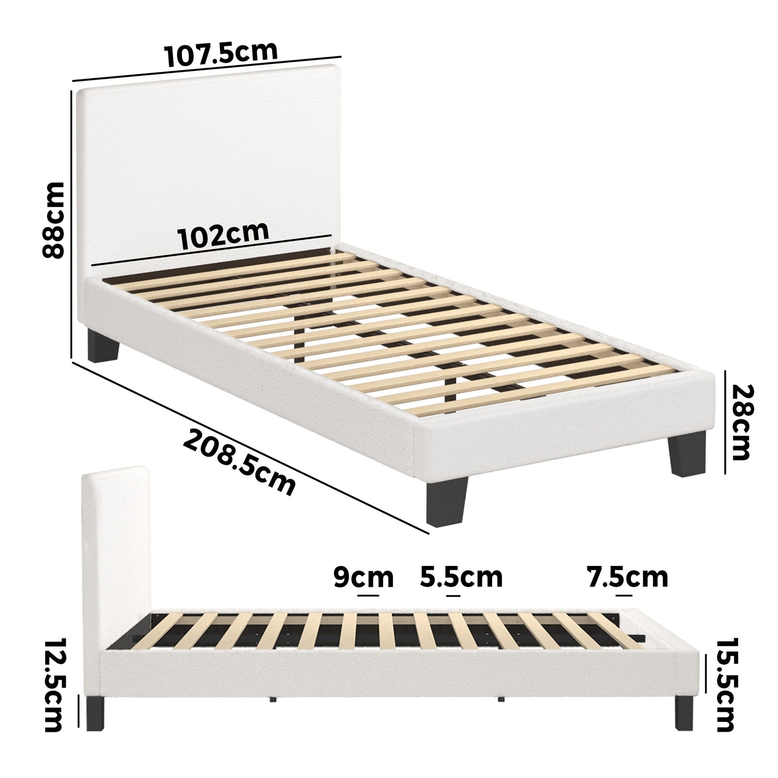 Oikiture Bed Frame King Single Size Mattress Base Boucle Fabric Platform Wooden - Sunyee