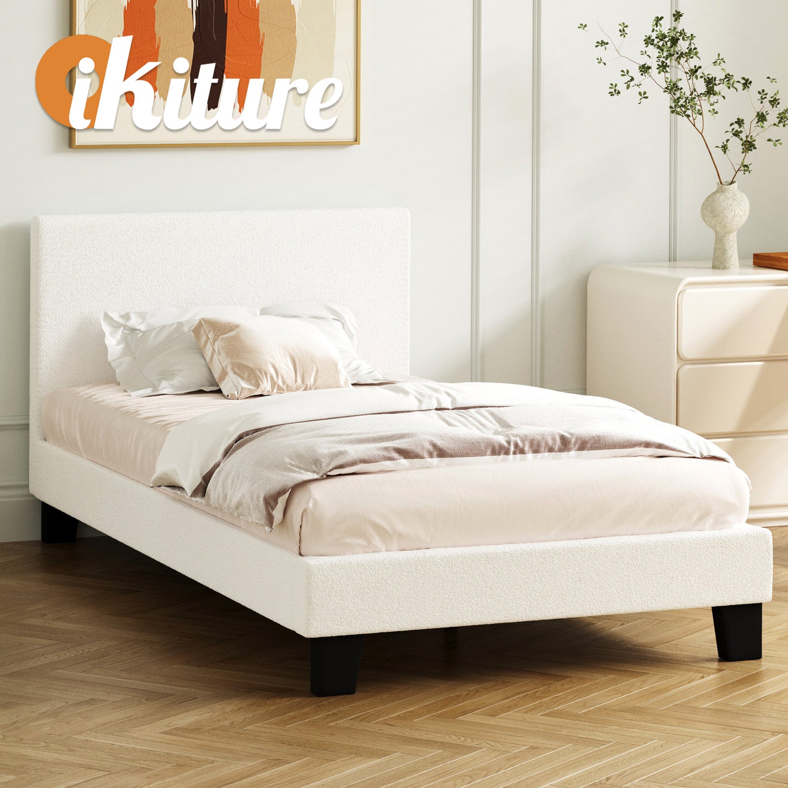 Oikiture Bed Frame King Single Size Mattress Base Boucle Fabric Platform Wooden - Sunyee