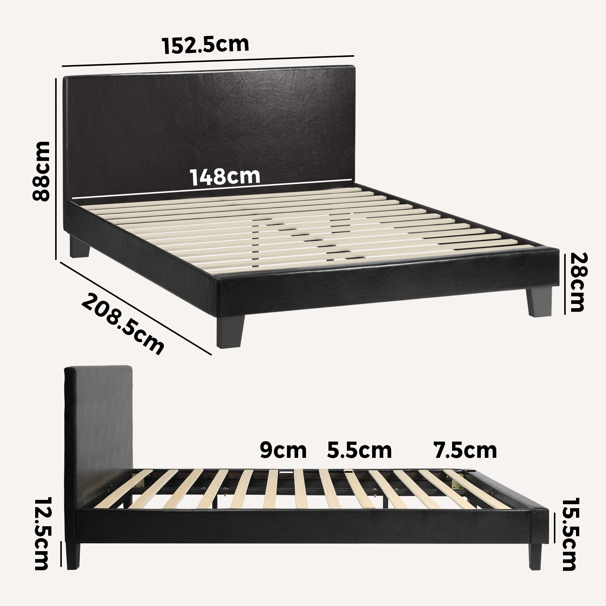 Oikiture Bed Frame Queen Size Base Mattress Platform Leather Wooden Slats Black - Sunyee