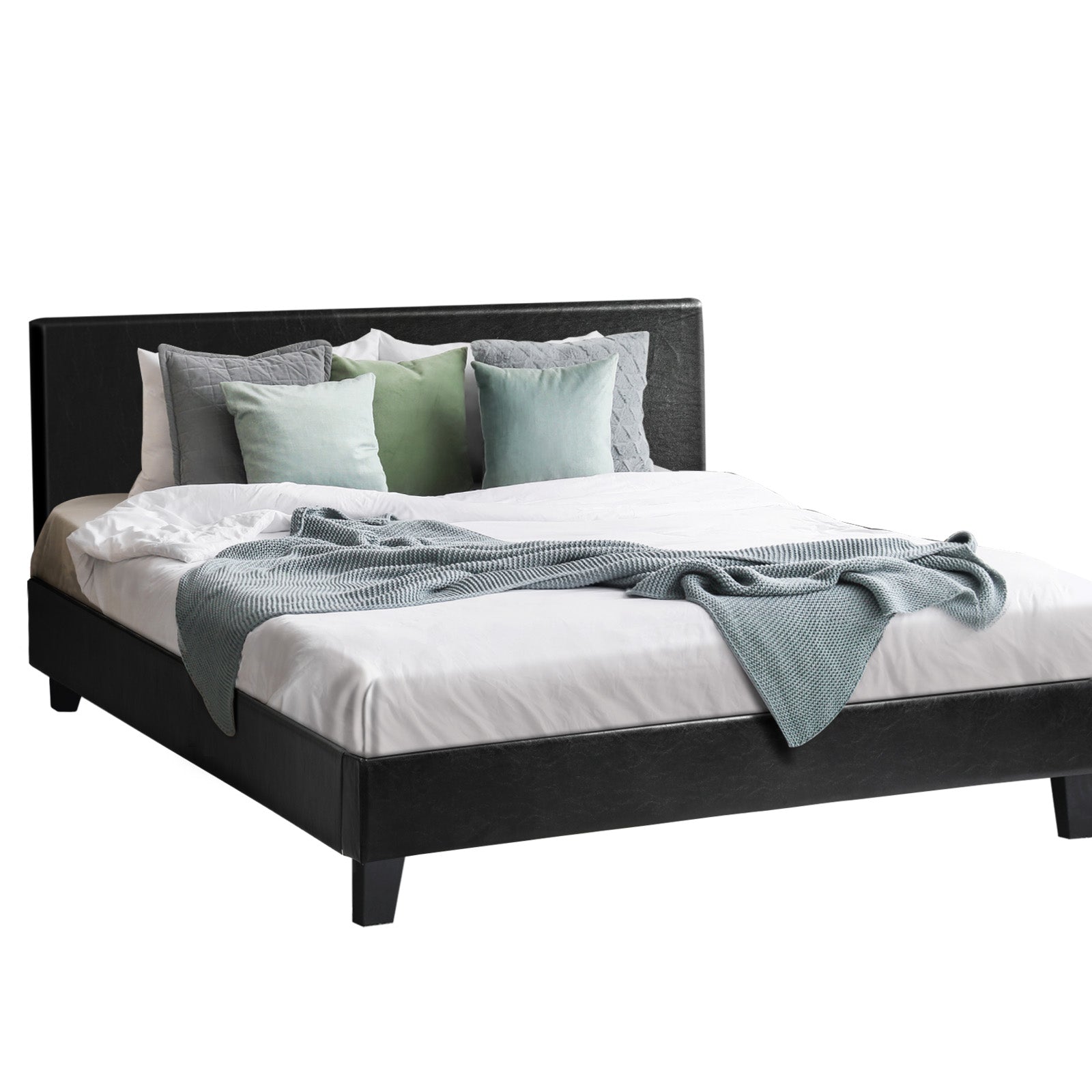 Oikiture Bed Frame Queen Size Base Mattress Platform Leather Wooden Slats Black - Sunyee