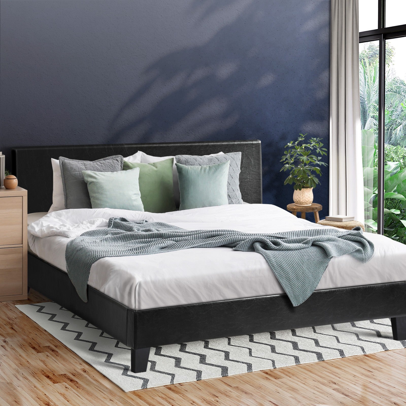Oikiture Bed Frame Queen Size Base Mattress Platform Leather Wooden Slats Black - Sunyee