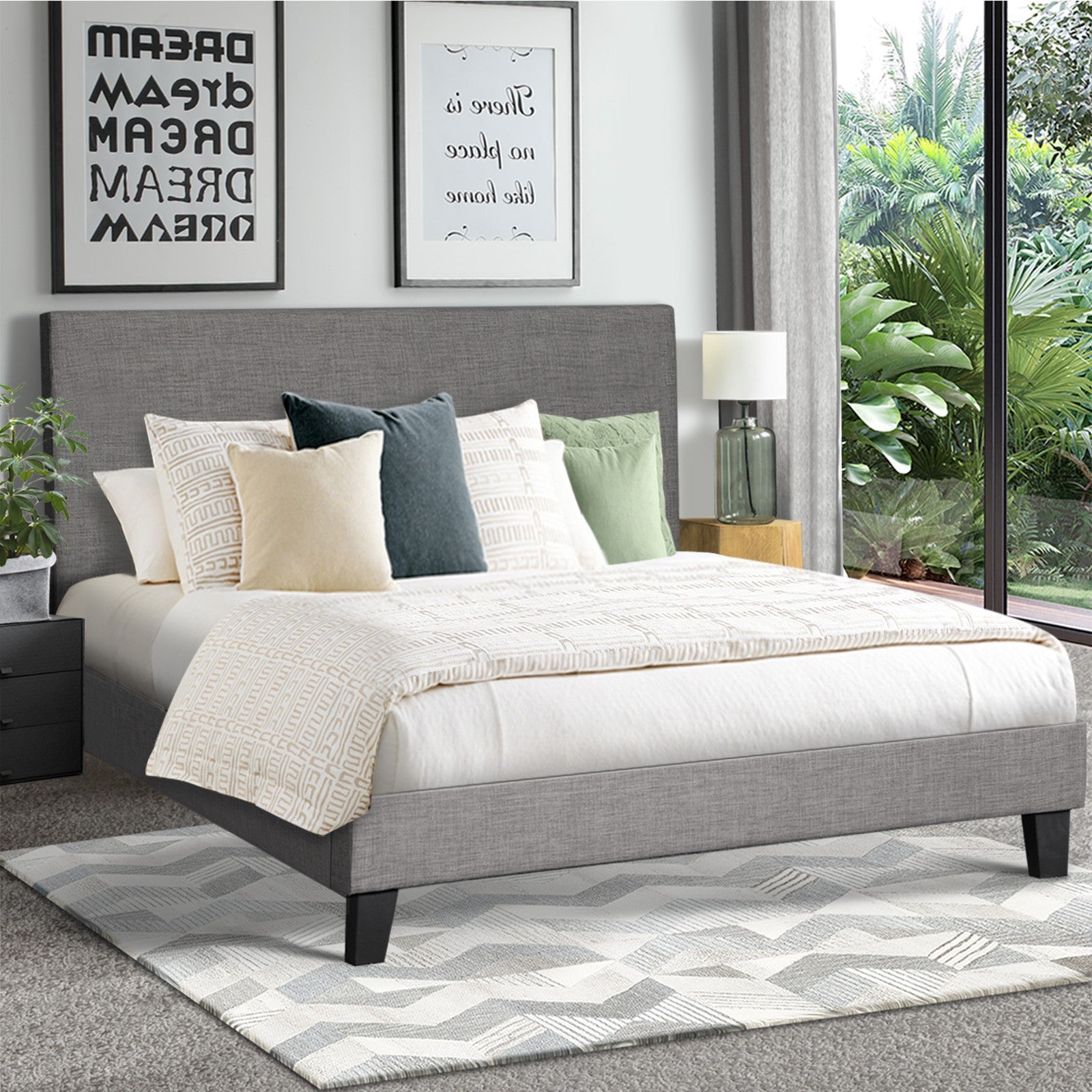 Oikiture Bed Frame Queen Size Mattress Base Platform Wooden Slats Grey Fabric - Sunyee