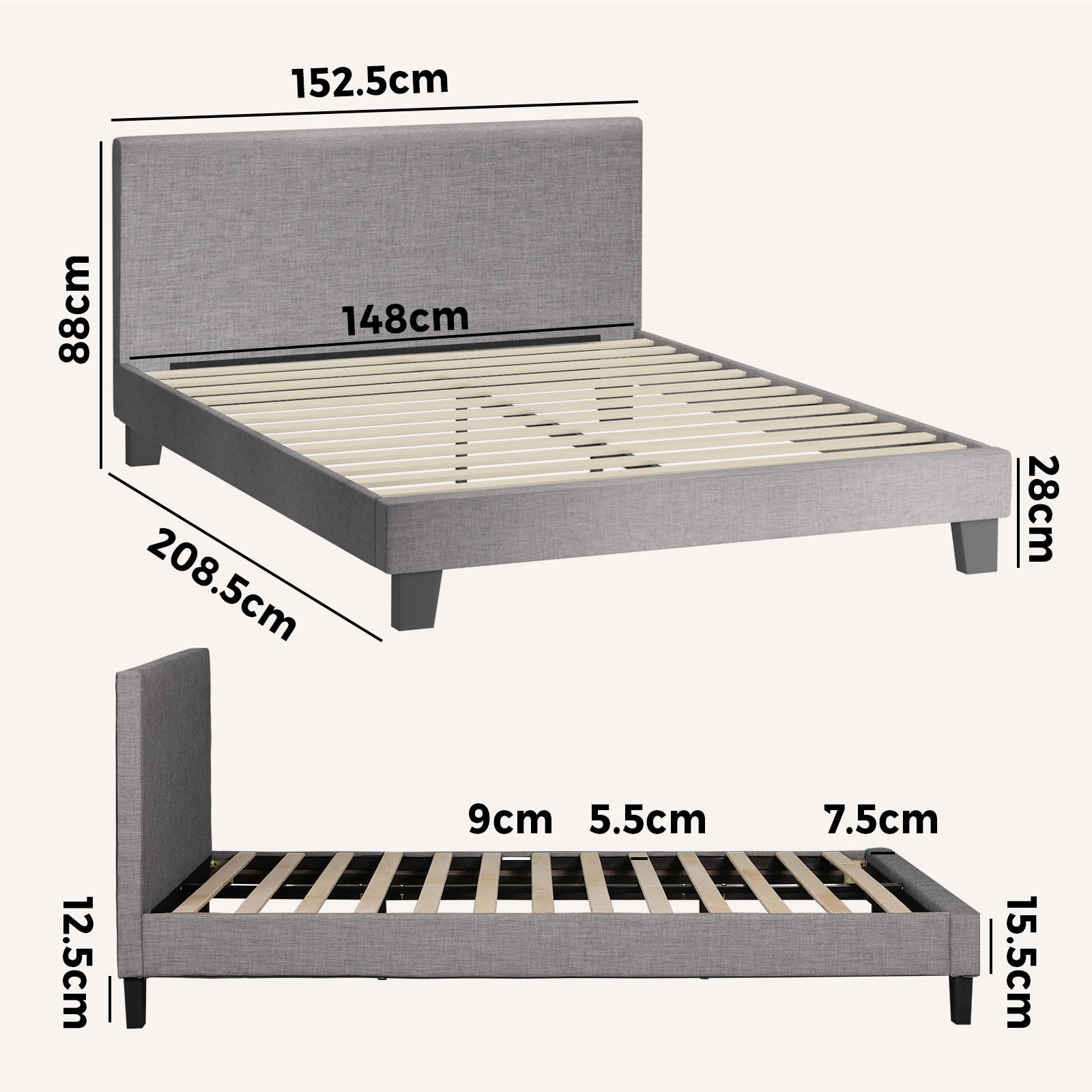 Oikiture Bed Frame Queen Size Mattress Base Platform Wooden Slats Grey Fabric - Sunyee