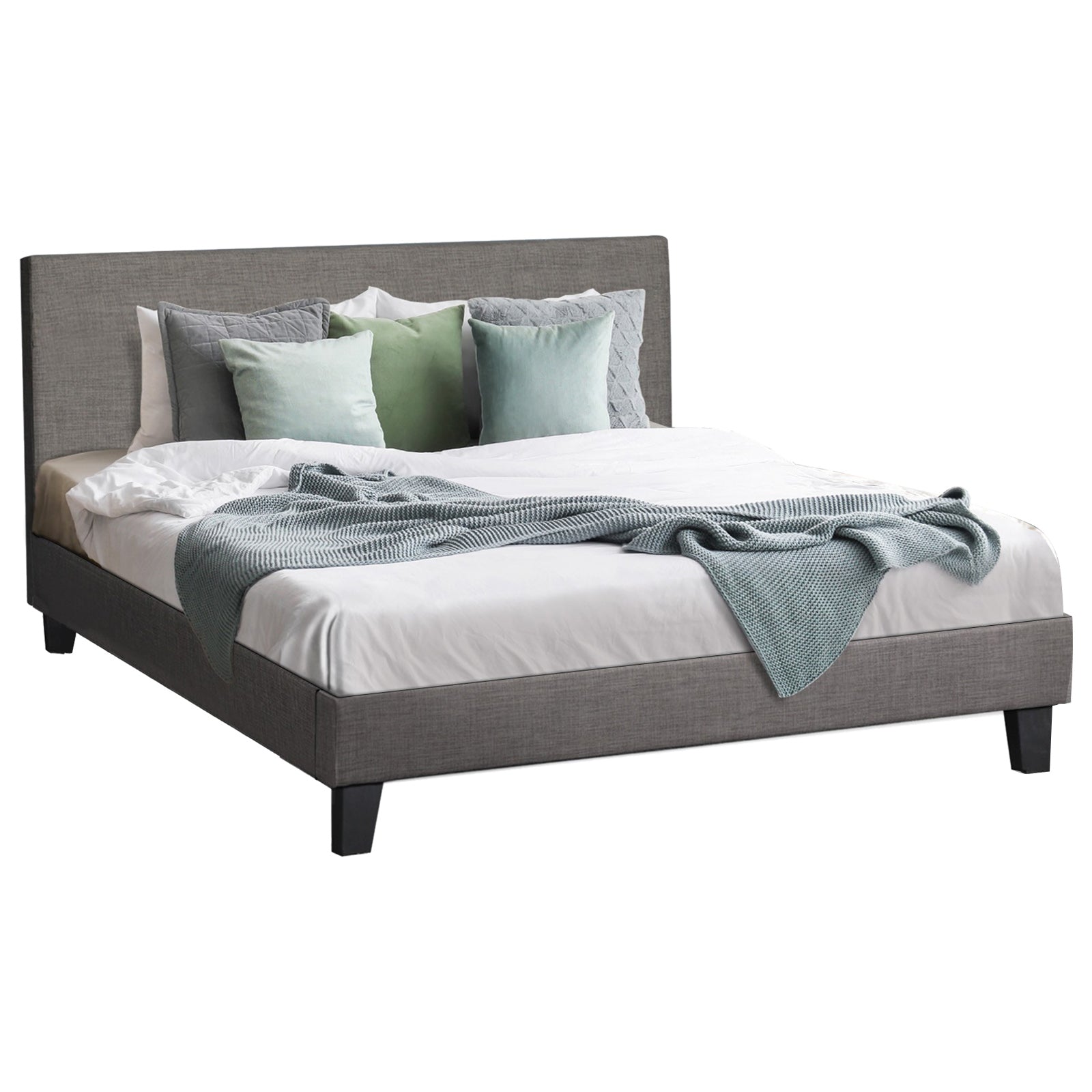 Oikiture Bed Frame Queen Size Mattress Base Platform Wooden Slats Grey Fabric - Sunyee