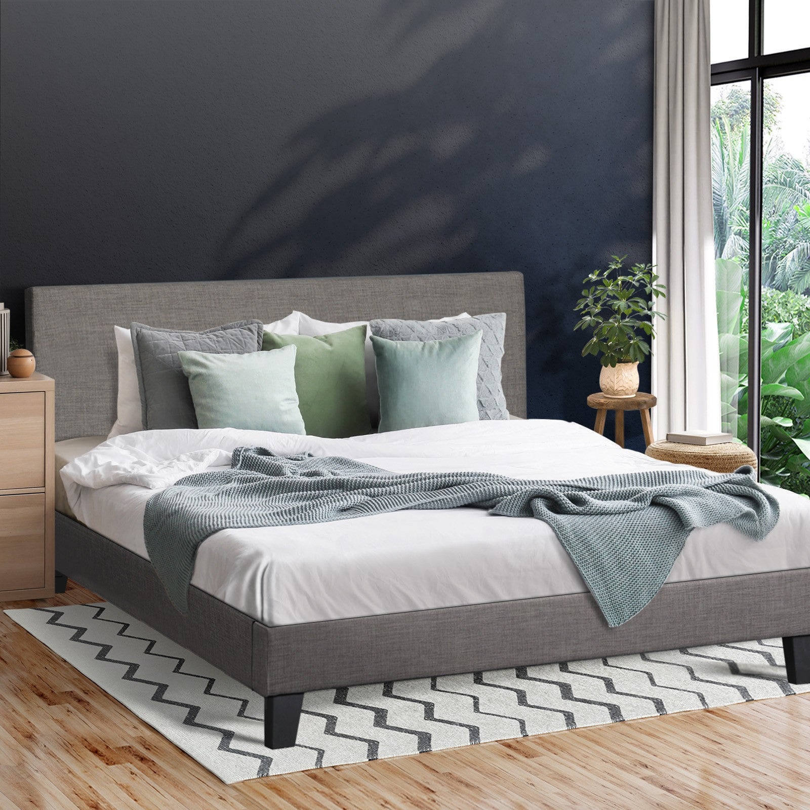 Oikiture Bed Frame Queen Size Mattress Base Platform Wooden Slats Grey Fabric - Sunyee