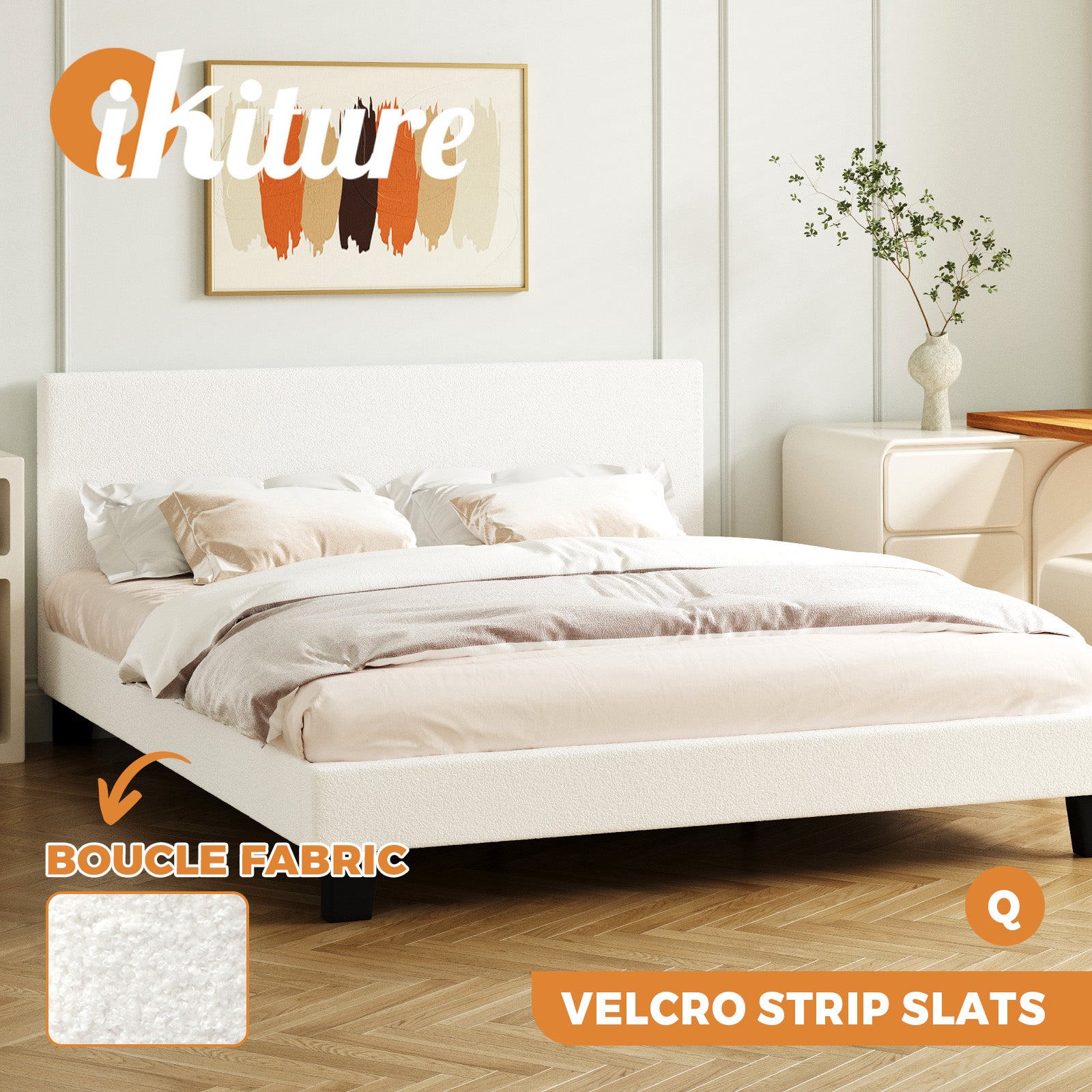 Oikiture Bed Frame Queen Double King Single Mattress Base Boucle Fabric Platform - Sunyee