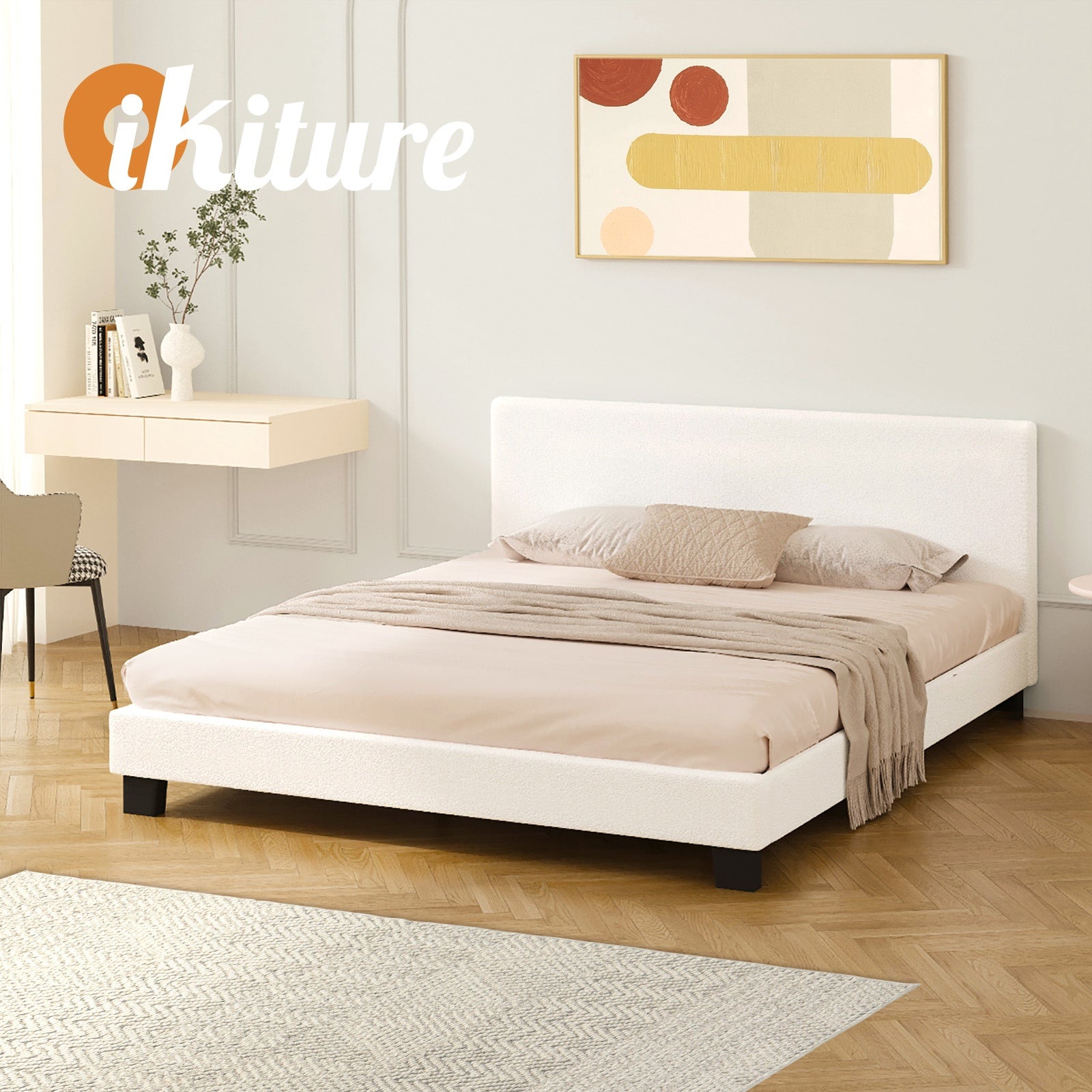 Oikiture Bed Frame Queen Size Mattress Base Boucle Fabric Platform Wooden Slats - Sunyee