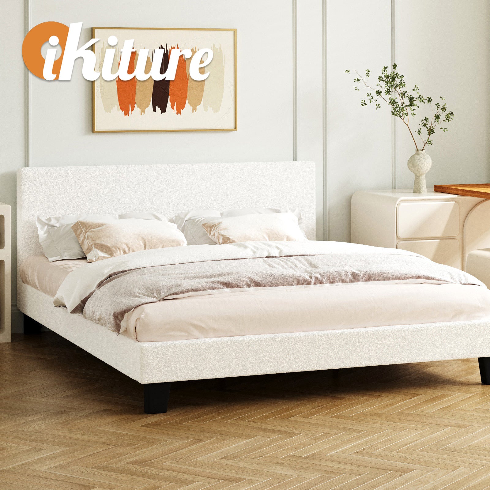 Oikiture Bed Frame Queen Size Mattress Base Boucle Fabric Platform Wooden Slats - Sunyee