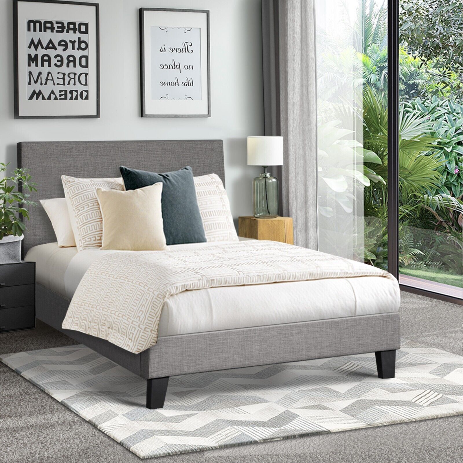 Oikiture Bed Frame Single Size Mattress Base Platform Wooden Slats Grey Fabric - Sunyee