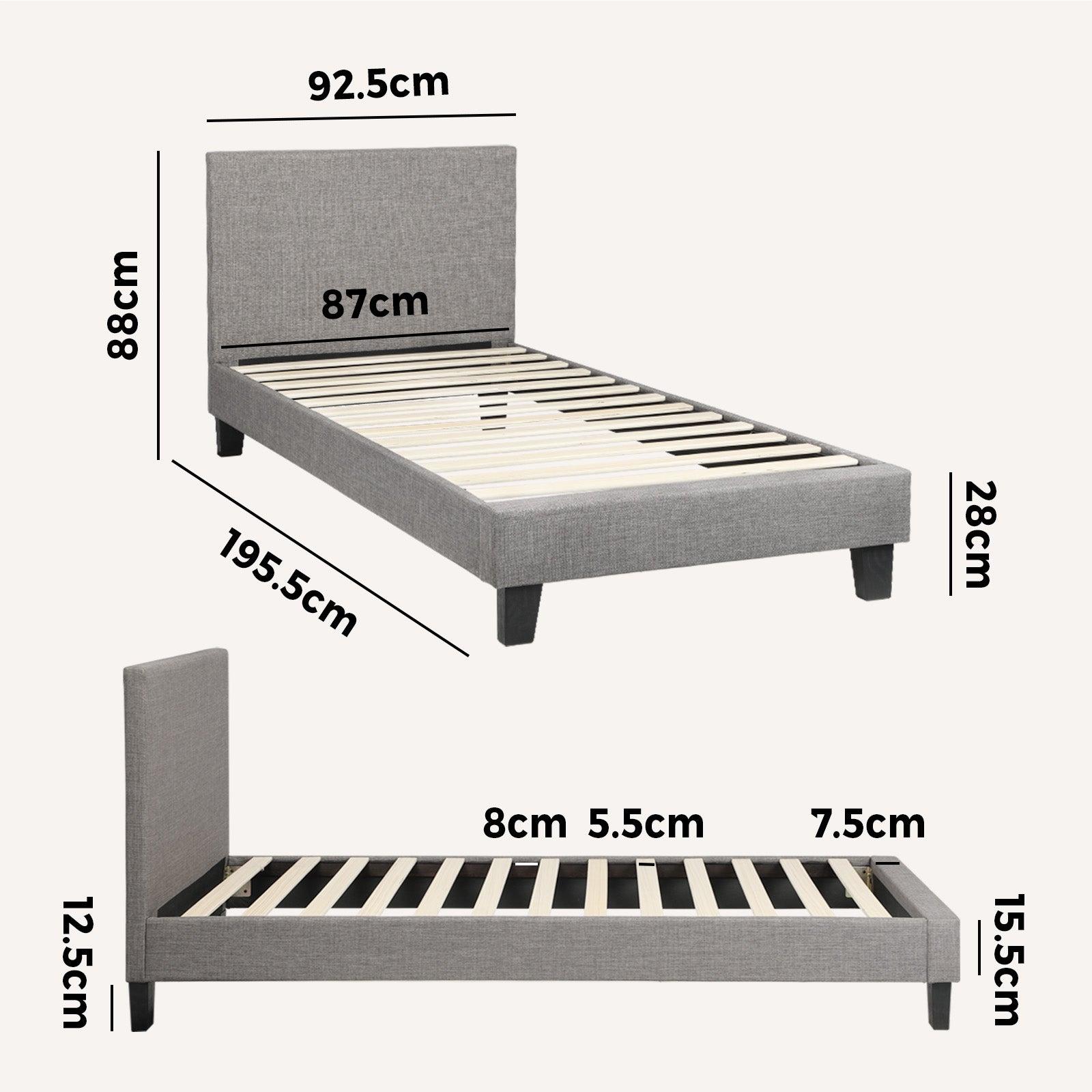 Oikiture Bed Frame Single Size Mattress Base Platform Wooden Slats Grey Fabric - Sunyee
