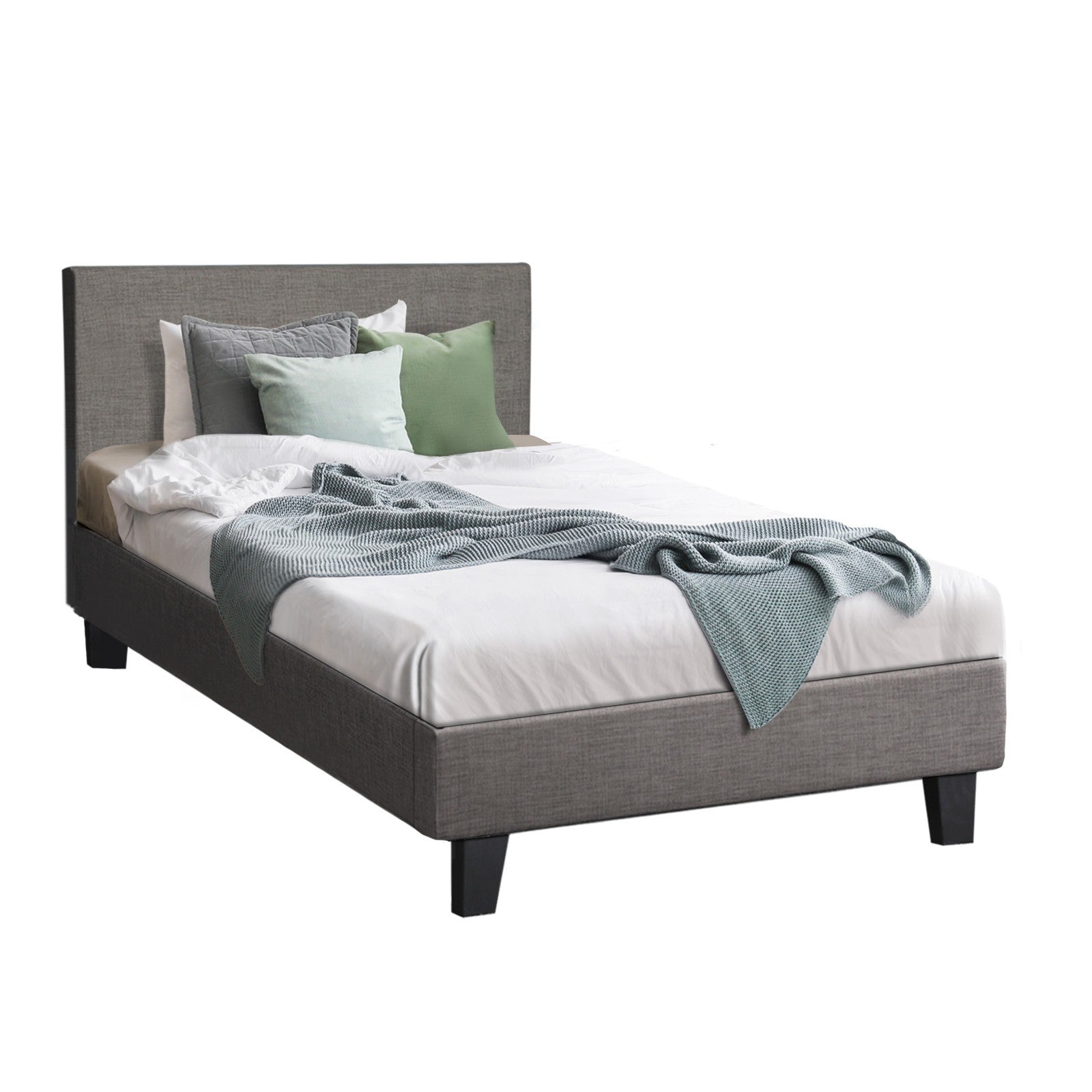 Oikiture Bed Frame Single Size Mattress Base Platform Wooden Slats Grey Fabric - Sunyee