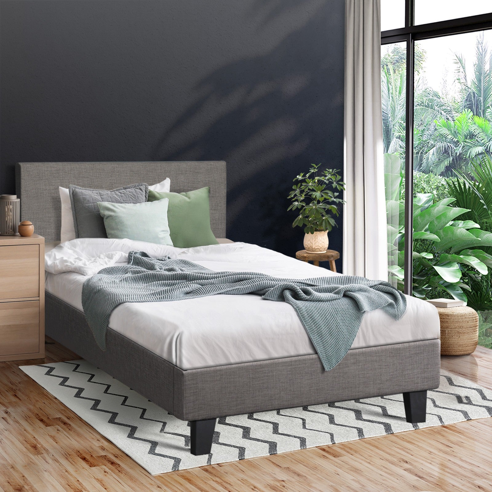 Oikiture Bed Frame Single Size Mattress Base Platform Wooden Slats Grey Fabric - Sunyee