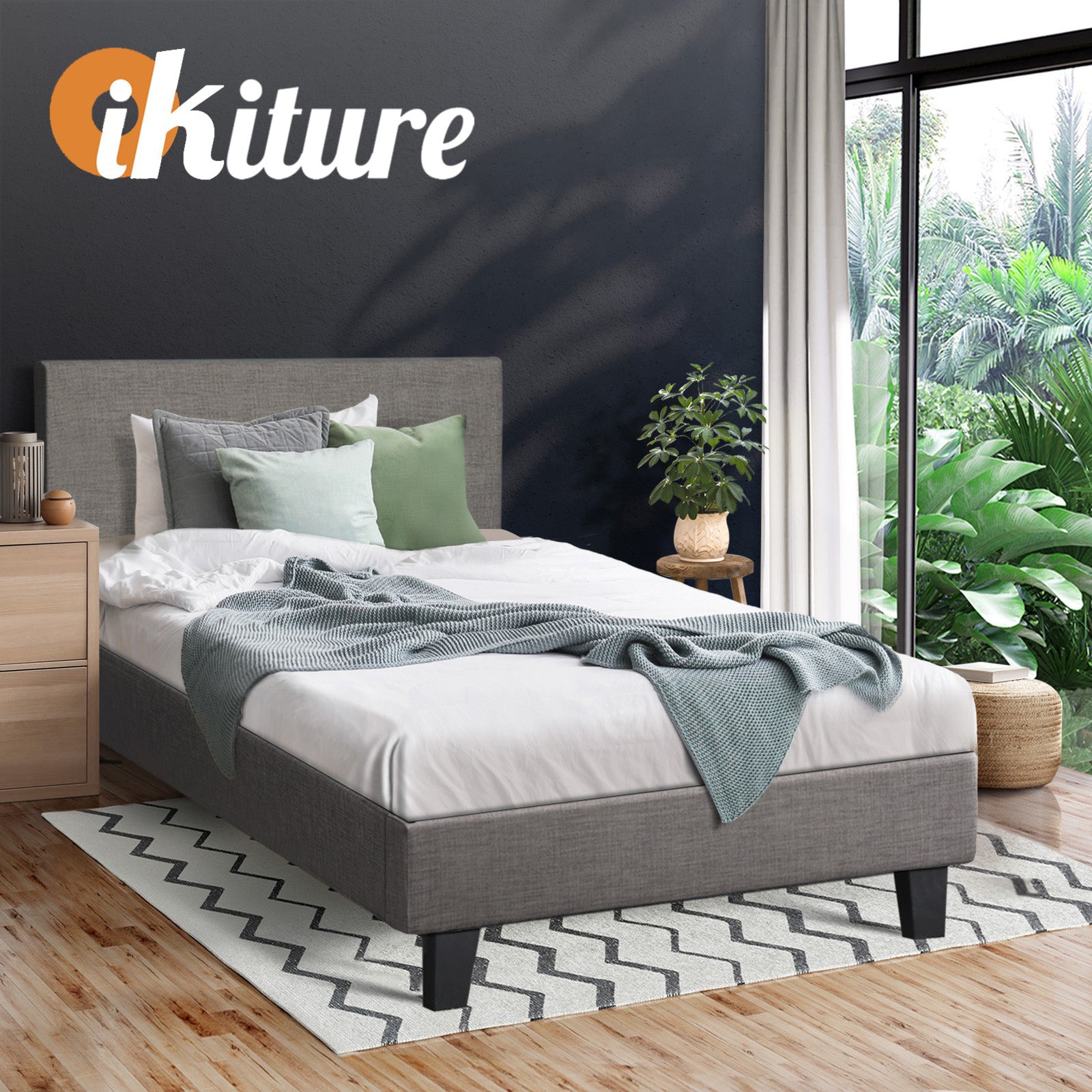 Oikiture Bed Frame Single Size Mattress Base Platform Wooden Slats Grey Fabric - Sunyee