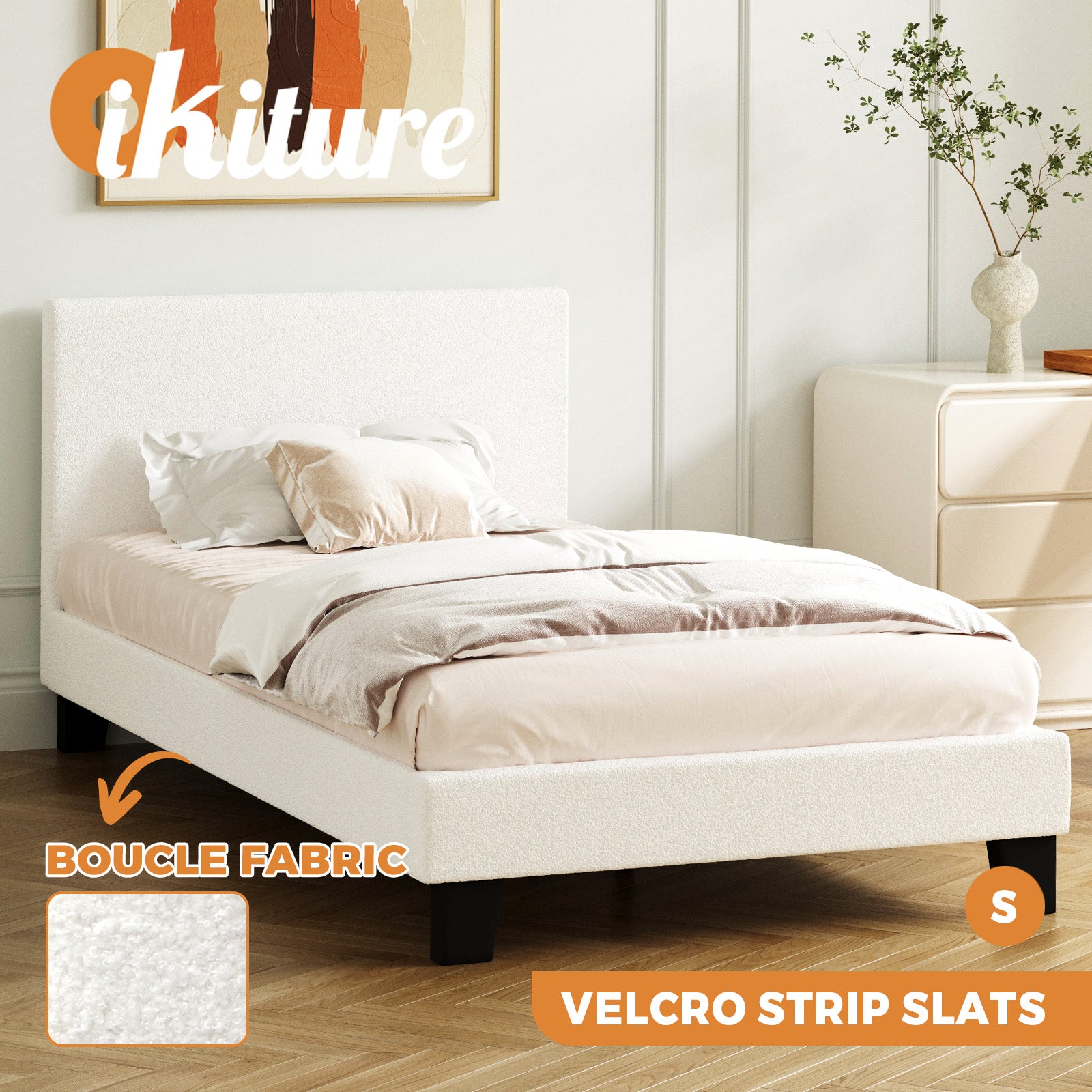 Oikiture Bed Frame Queen Double King Single Mattress Base Boucle Fabric Platform - Sunyee
