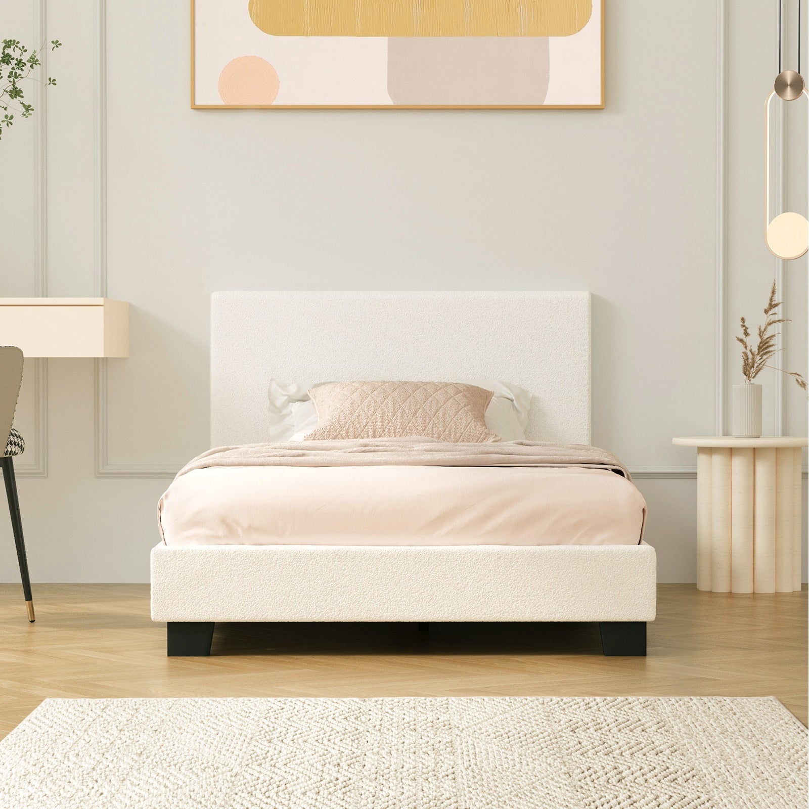 Oikiture Bed Frame Single Size Mattress Base Boucle Fabric Platform Wooden Slats - Sunyee
