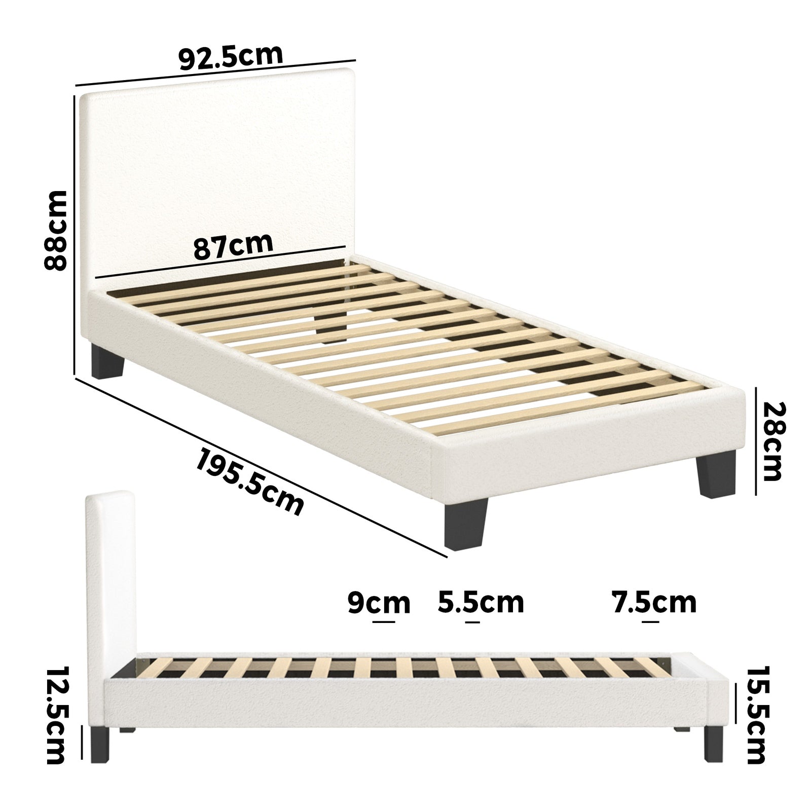 Oikiture Bed Frame Single Size Mattress Base Boucle Fabric Platform Wooden Slats - Sunyee