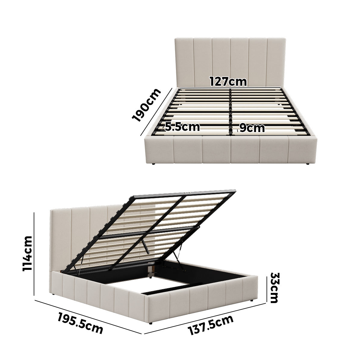 Oikiture Bed Frame Double Size Beds Platform Gas Lift Storage Base VISH - Sunyee