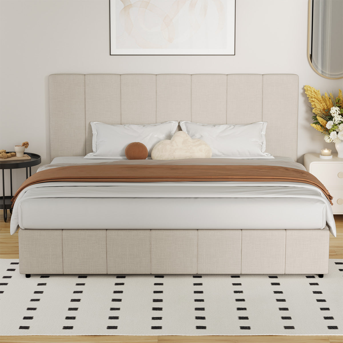 Oikiture Bed Frame King Size Gas Lift Base With Storage Beige Fabric VISH - Sunyee