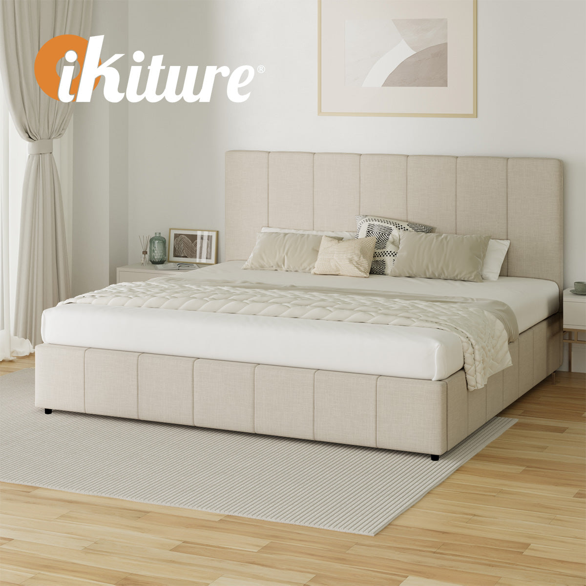 Oikiture Bed Frame King Size Gas Lift Base With Storage Beige Fabric VISH - Sunyee
