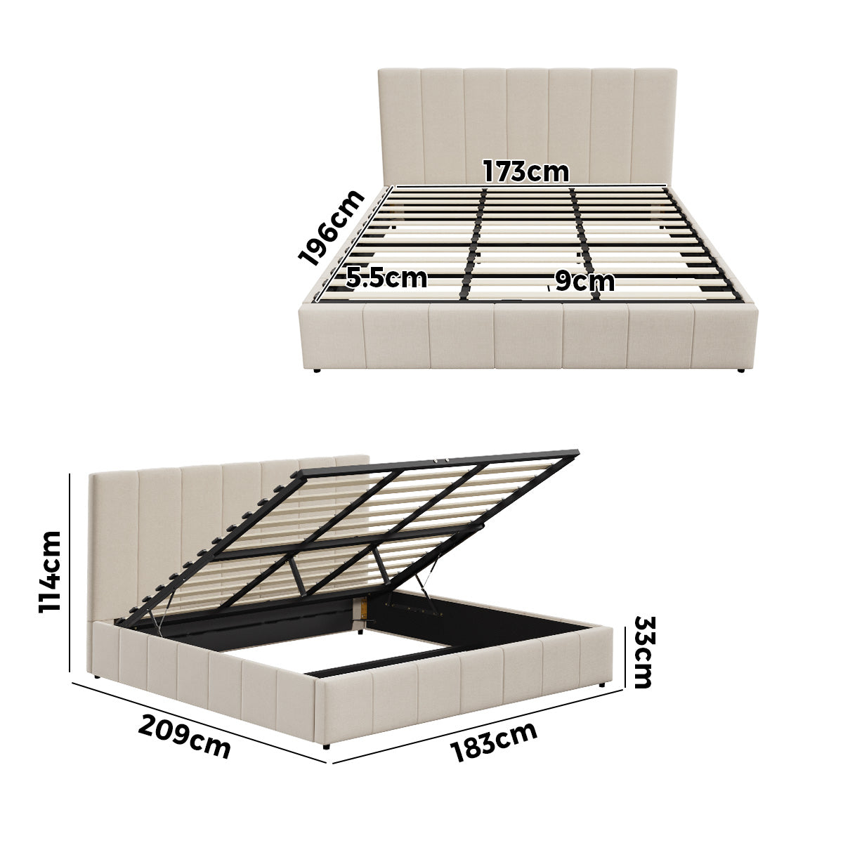Oikiture Bed Frame King Size Gas Lift Base With Storage Beige Fabric VISH - Sunyee