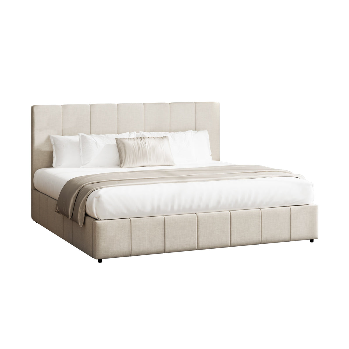 Oikiture Bed Frame King Size Gas Lift Base With Storage Beige Fabric V