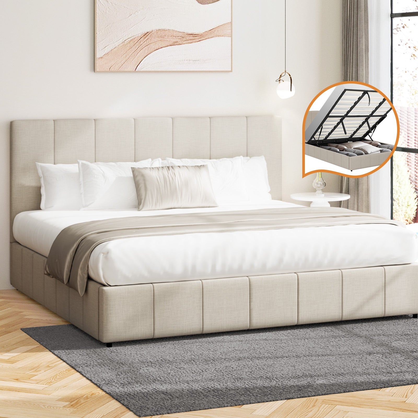 Oikiture Bed Frame King Size Gas Lift Base With Storage Beige Fabric VISH - Sunyee
