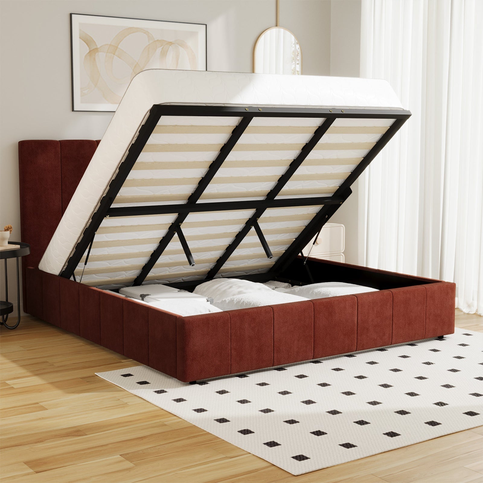 Oikiture Bed Frame King Size Beds Gas Lift Mattress Base Fluted Headboard Rust
