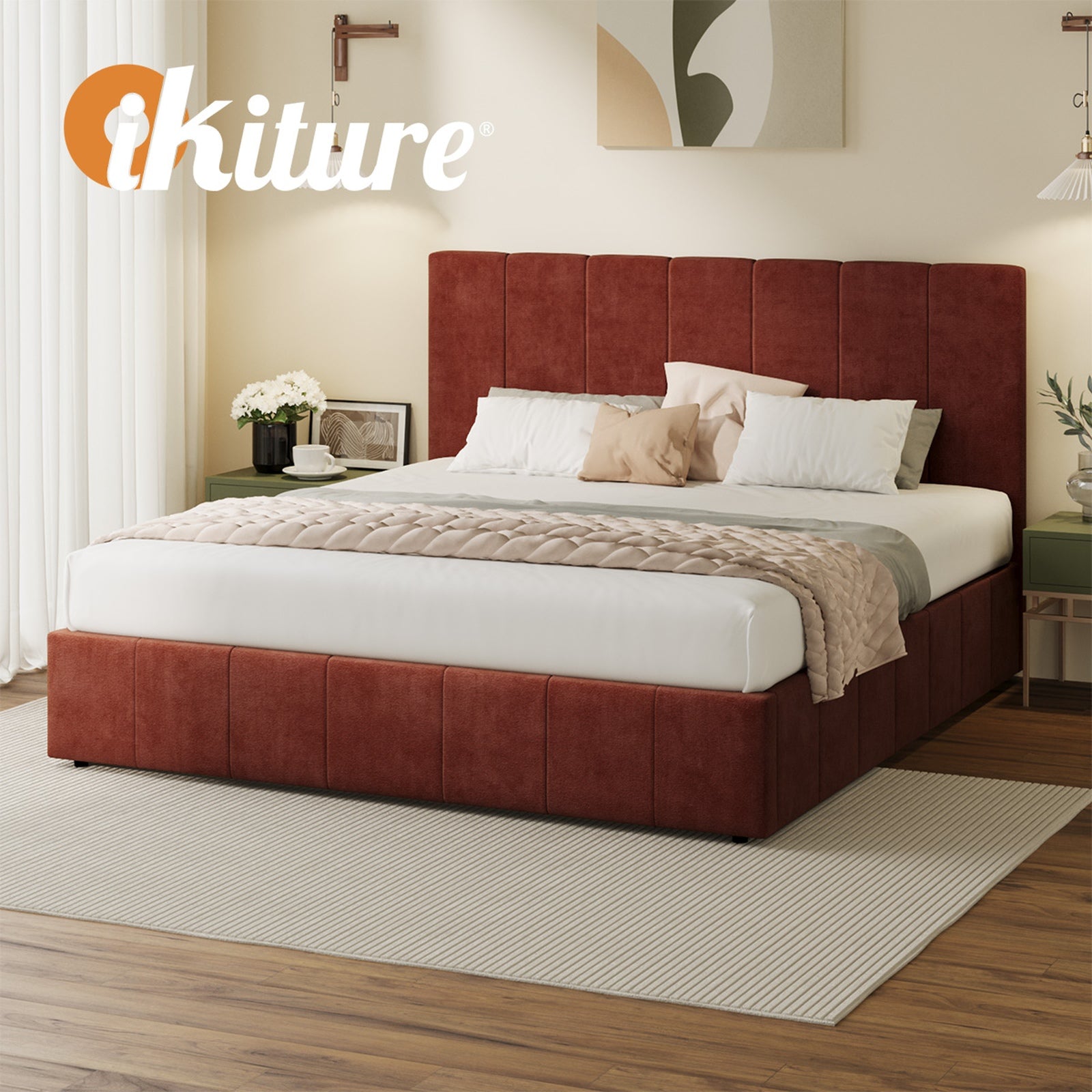Oikiture Bed Frame King Size Beds Gas Lift Mattress Base Fluted Headboard Rust