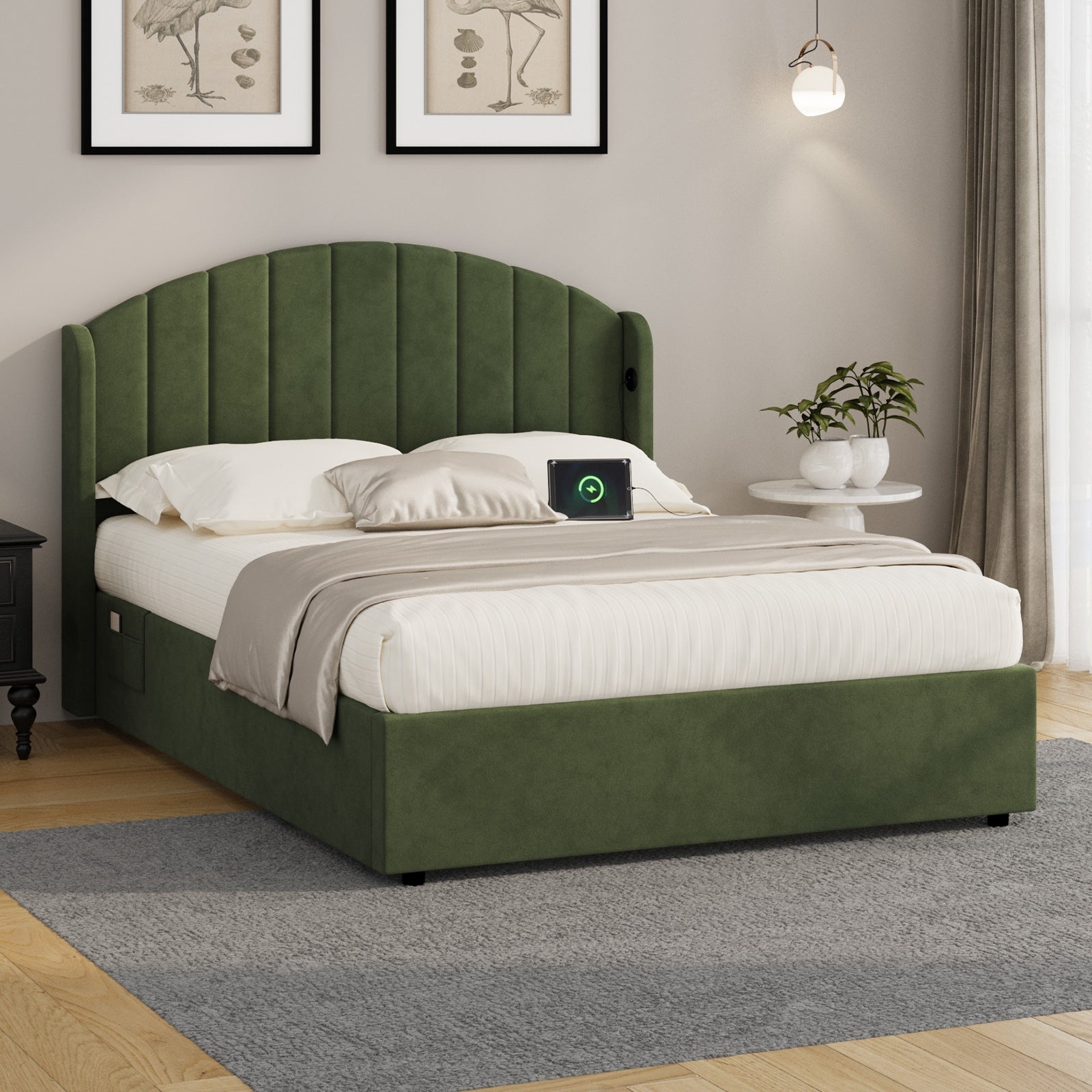 Oikiture Bed Frame Queen Double King Single With Gas Lift Base USB Charge Velvet - Sunyee