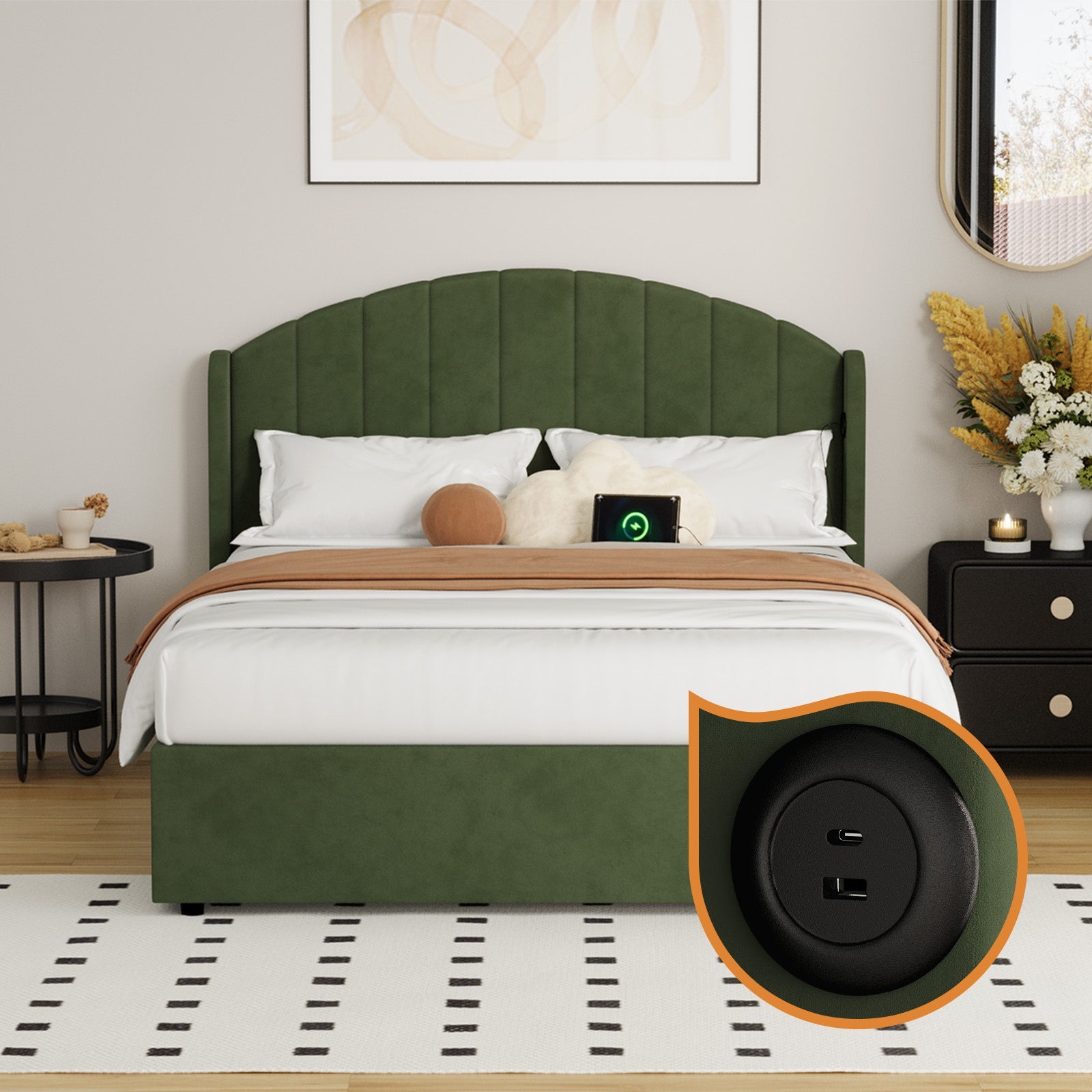 Oikiture Bed Frame Double Size With Gas Lift Storage USB Charging Velvet - Sunyee