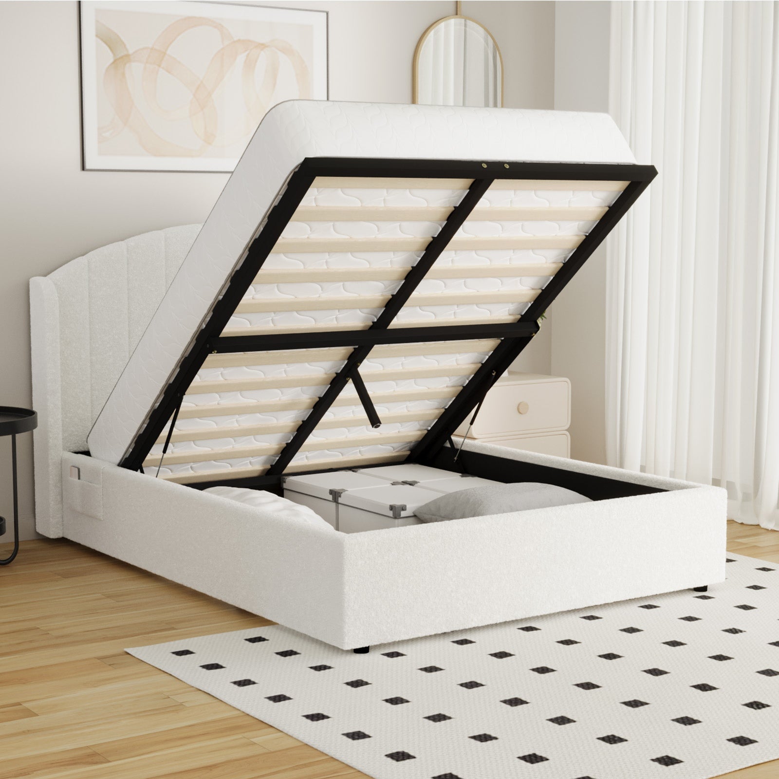 Oikiture Bed Frame Double Size With Gas Lift Storage USB Charging Boucle - Sunyee