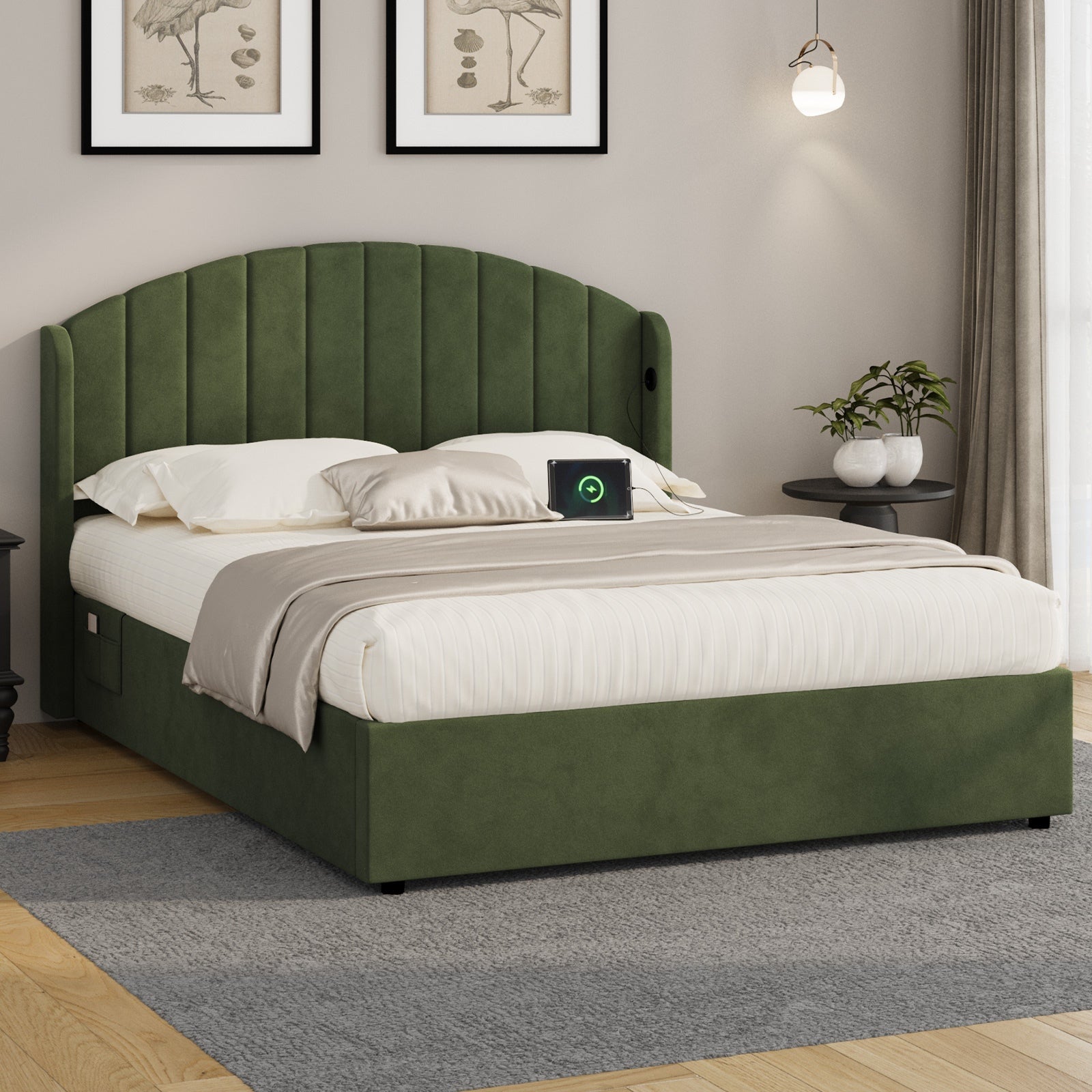 Oikiture Bed Frame Queen Double King Single With Gas Lift Base USB Charge Velvet - Sunyee