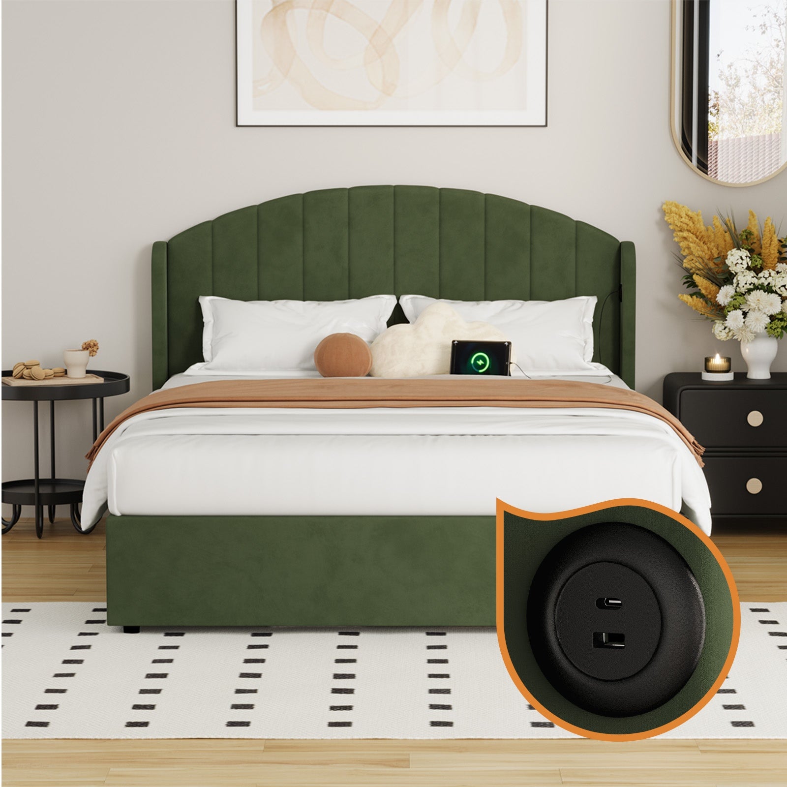 Oikiture Bed Frame Queen Double King Single With Gas Lift Base USB Charge Velvet - Sunyee