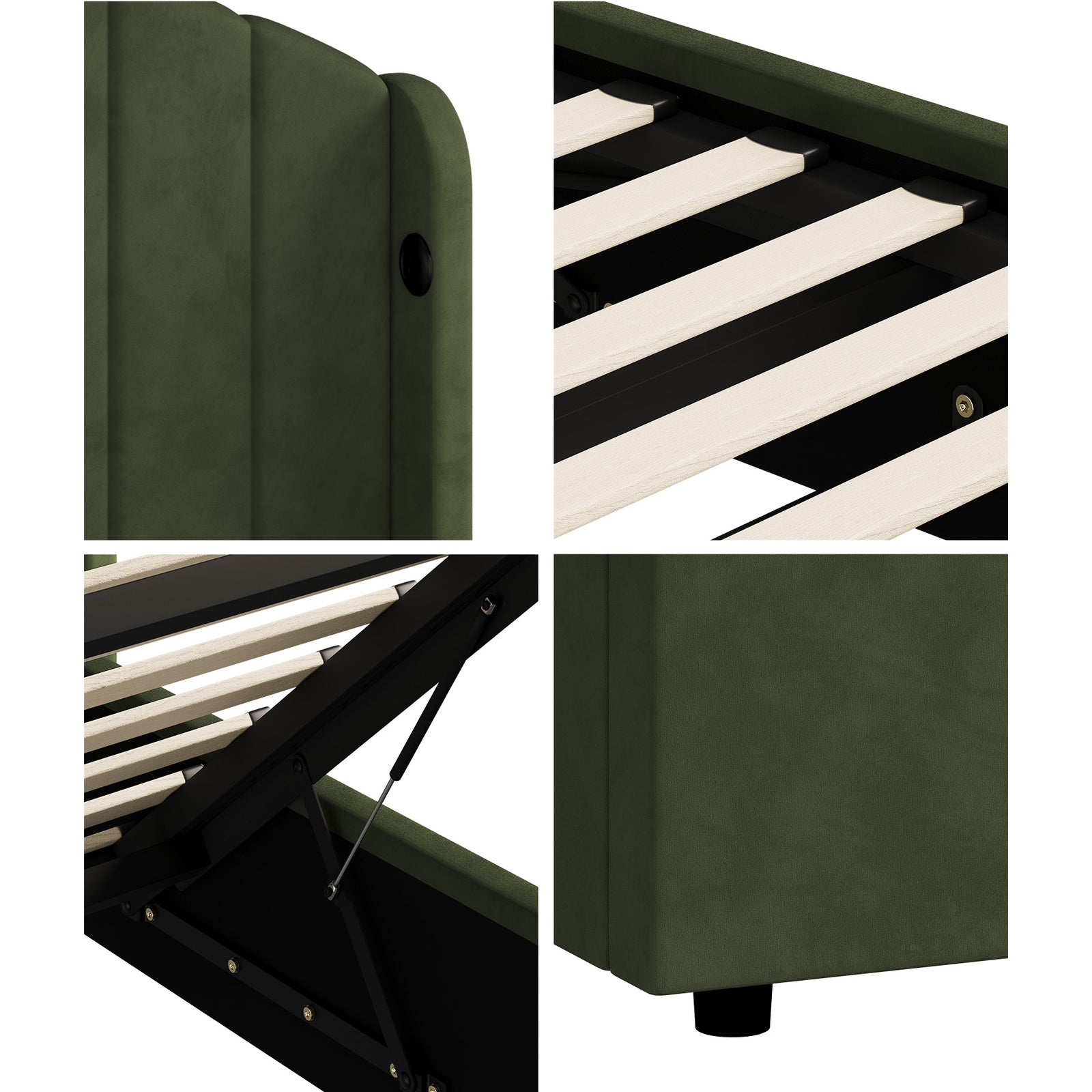 Oikiture Bed Frame Queen Double King Single With Gas Lift Base USB Charge Velvet - Sunyee