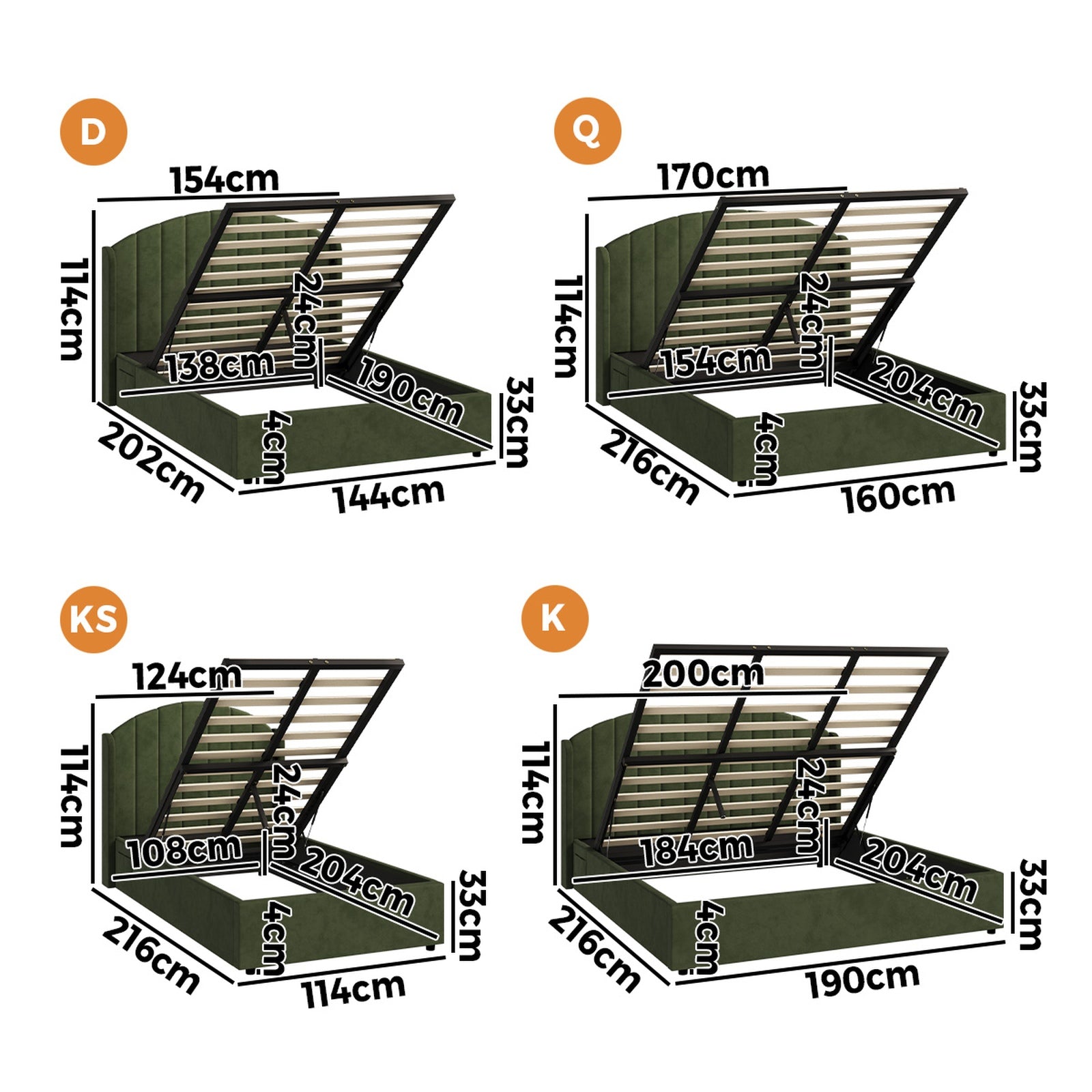 Oikiture Bed Frame Queen Double King Single With Gas Lift Base USB Charge Velvet - Sunyee