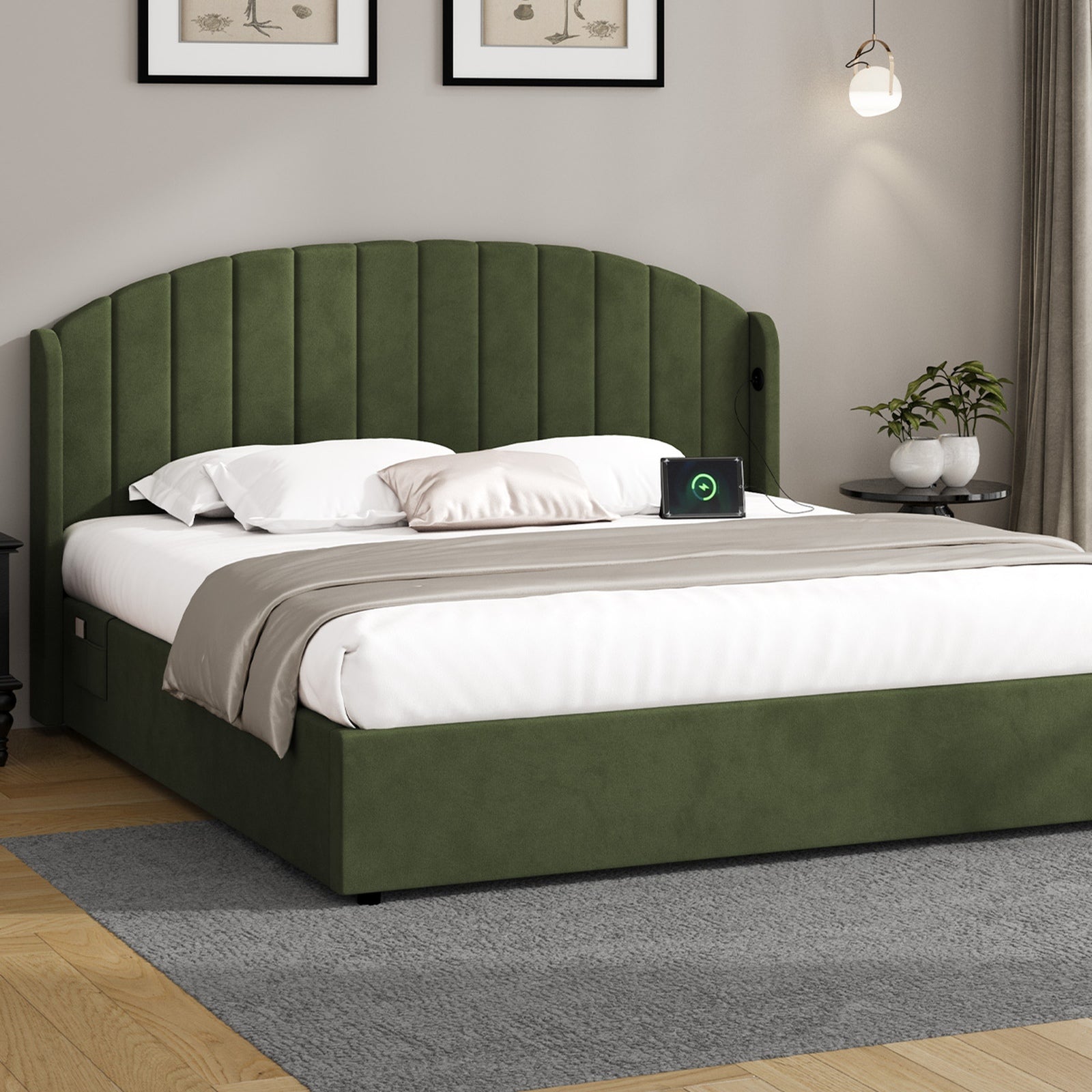 Oikiture Bed Frame Queen Double King Single With Gas Lift Base USB Charge Velvet - Sunyee