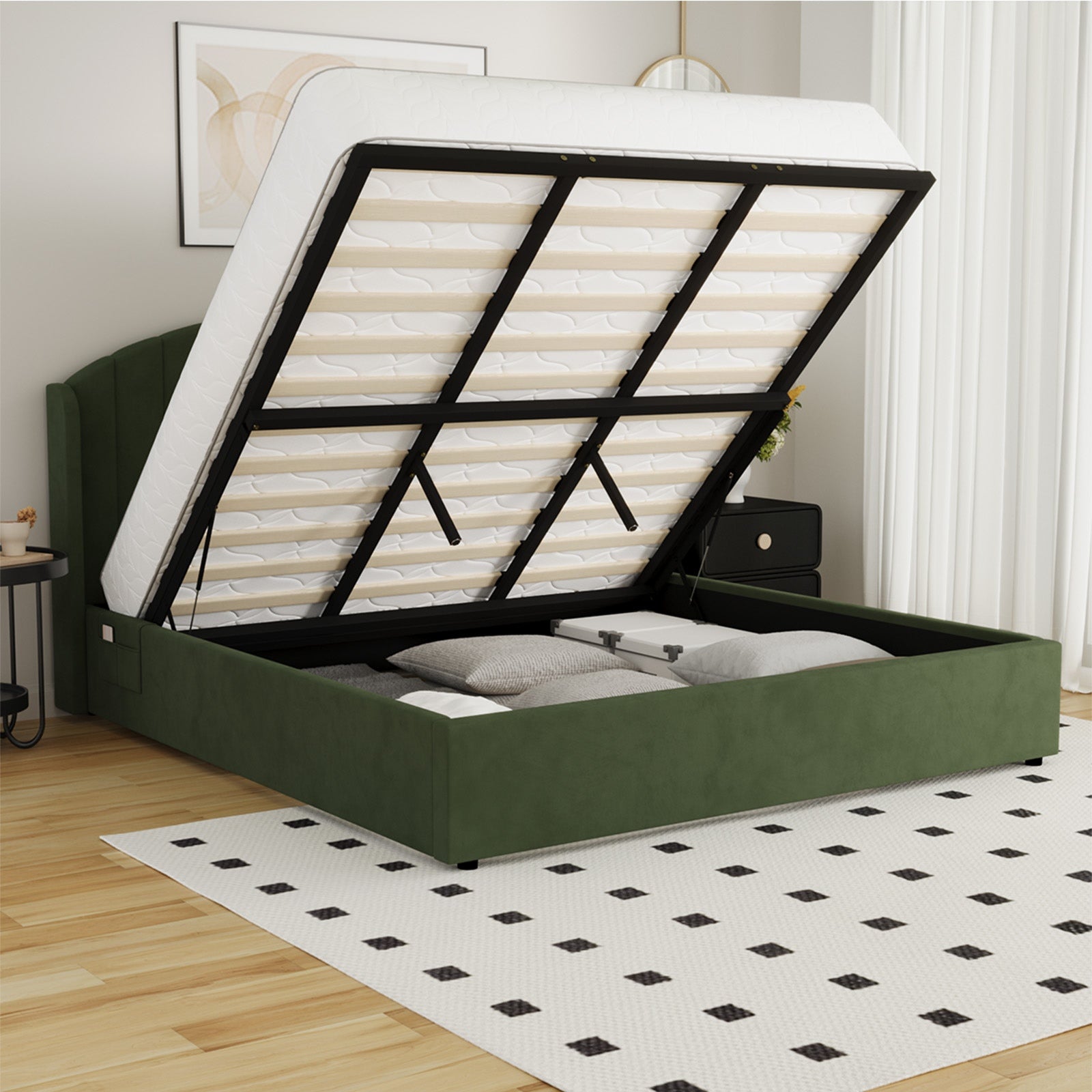 Oikiture Bed Frame King Size With Gas Lift Storage USB Charging Velvet - Sunyee