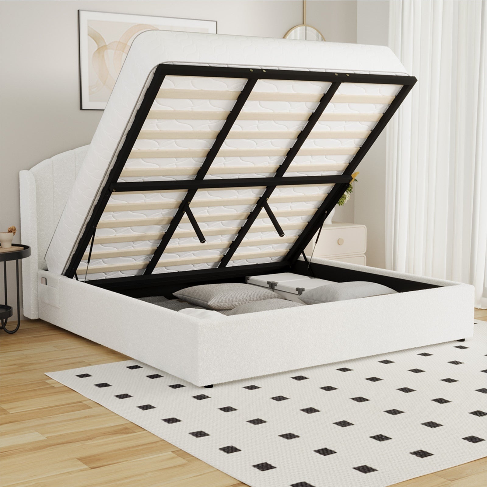 Oikiture Bed Frame King Size With Gas Lift Storage USB Charging Boucle - Sunyee