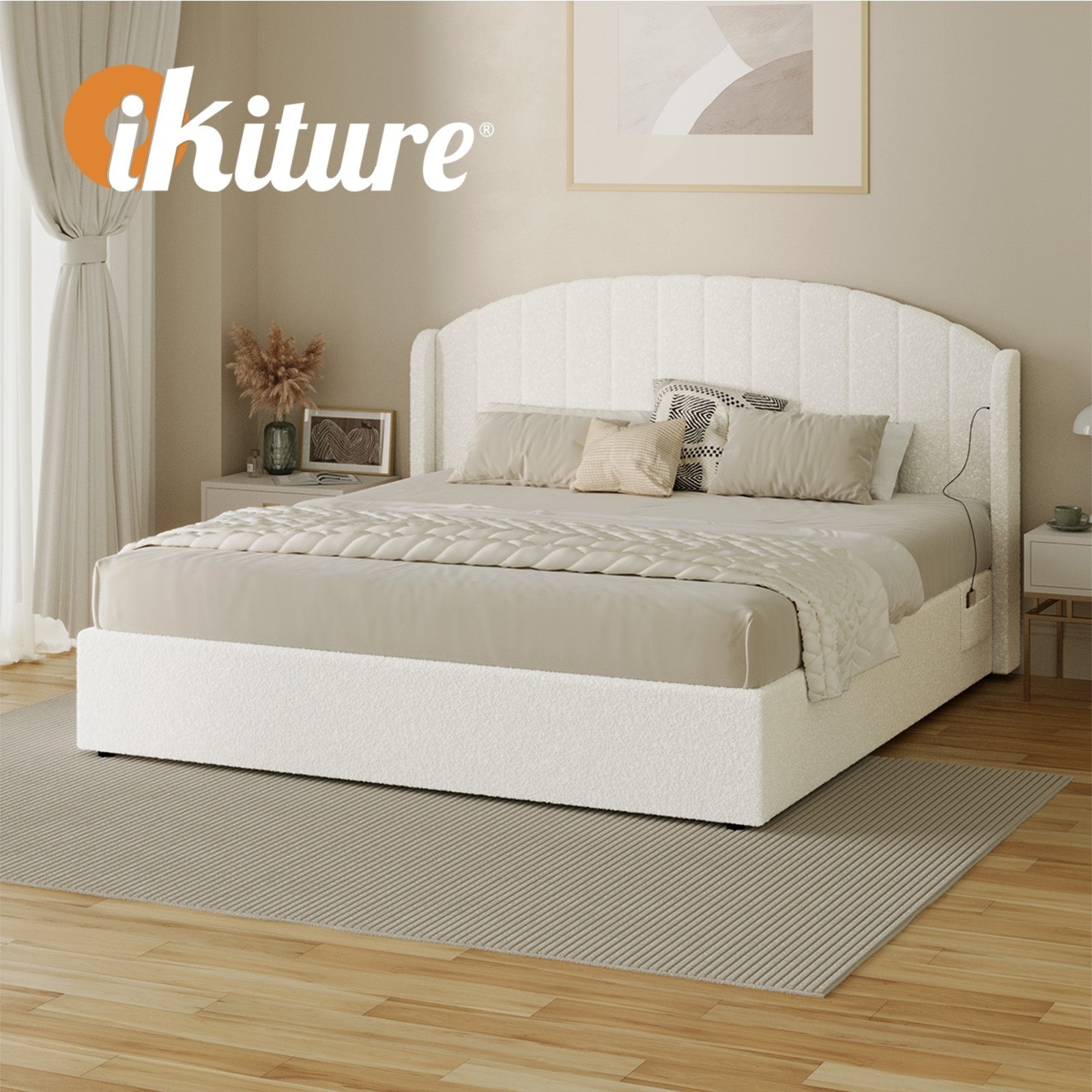 Oikiture Bed Frame King Size With Gas Lift Storage USB Charging Boucle - Sunyee