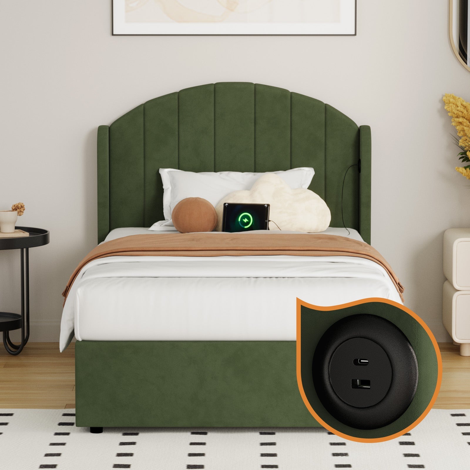 Oikiture Bed Frame King Single Size With Gas Lift Storage USB Charging Velvet - Sunyee