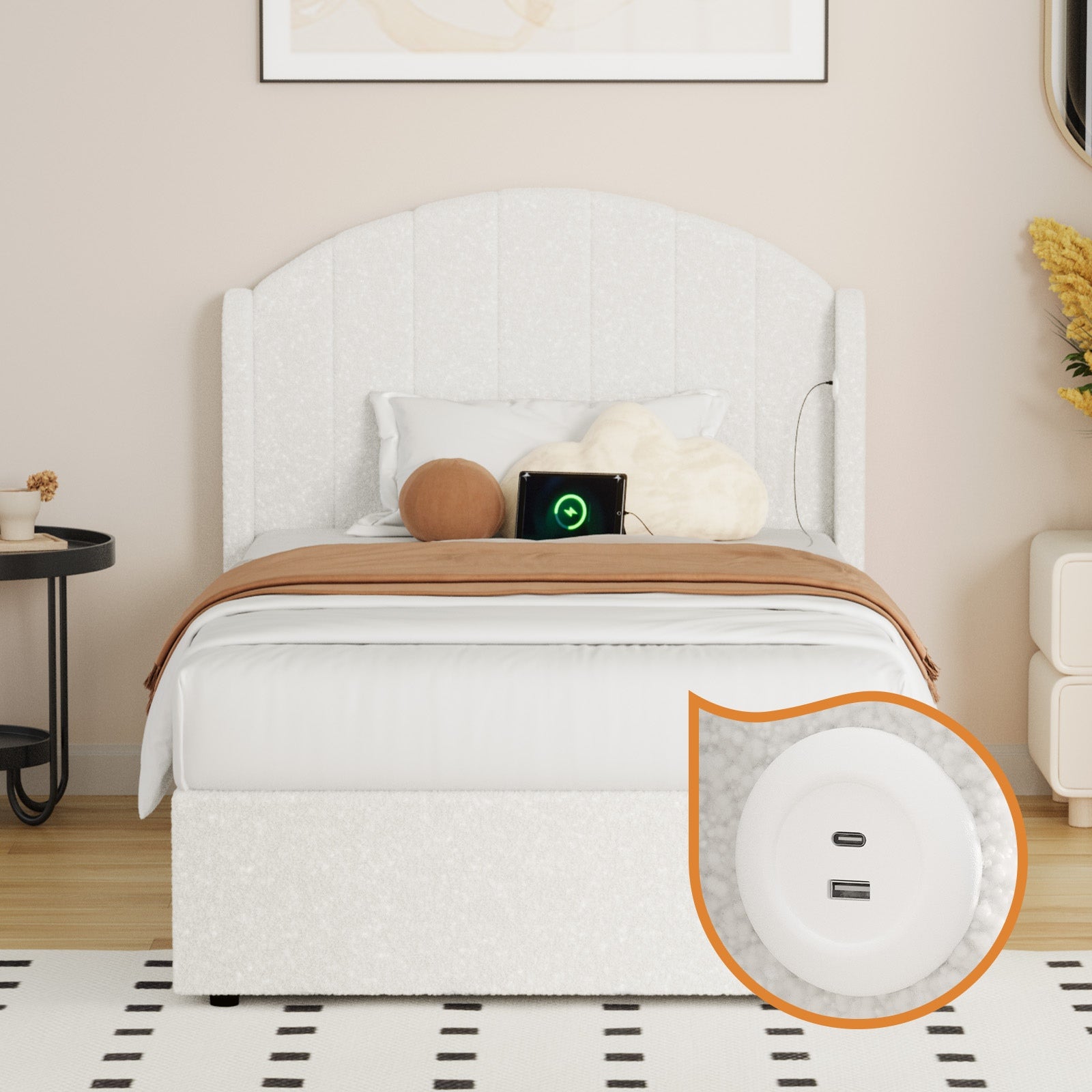 Oikiture Bed Frame King Single Size With Gas Lift Storage USB Charging Boucle - Sunyee