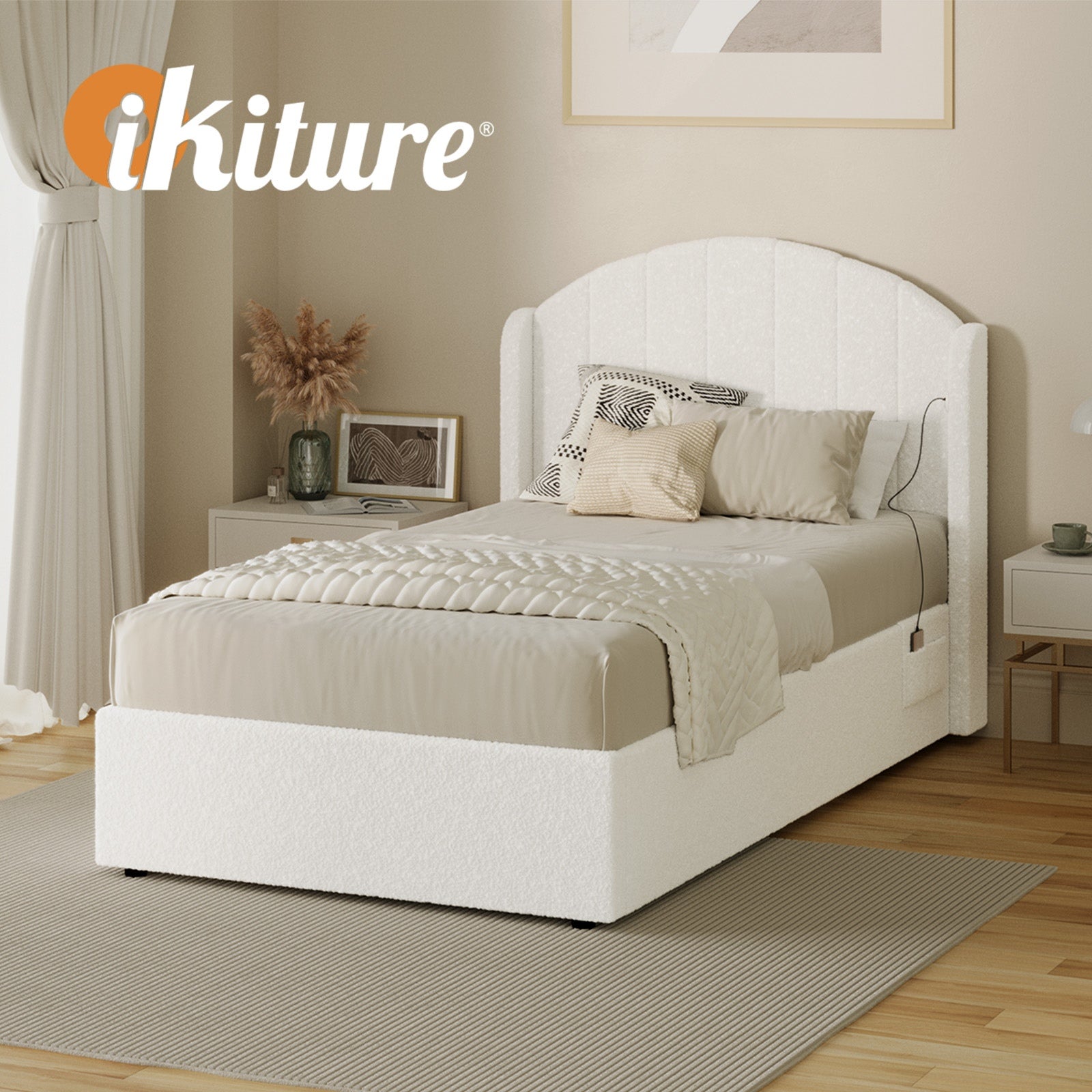 Oikiture Bed Frame King Single Size With Gas Lift Storage USB Charging Boucle - Sunyee