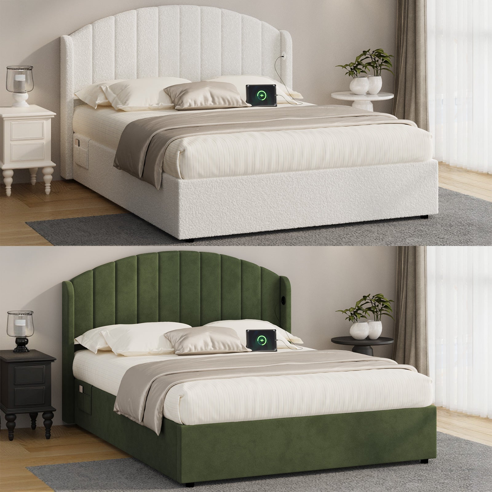 Oikiture Bed Frame Queen Size With Gas Lift Storage USB Charging Boucle - Sunyee