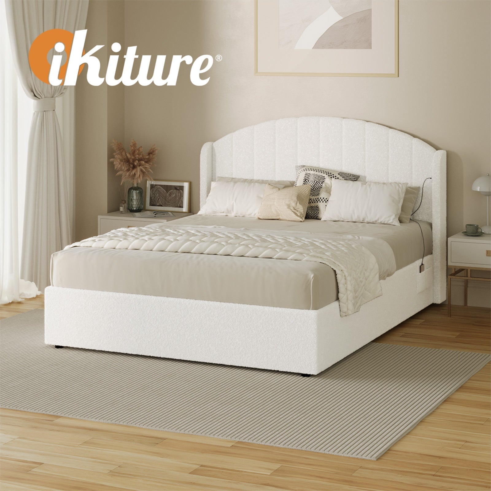 Oikiture Bed Frame Queen Double King Single With Gas Lift Base USB Charge Boucle - Sunyee