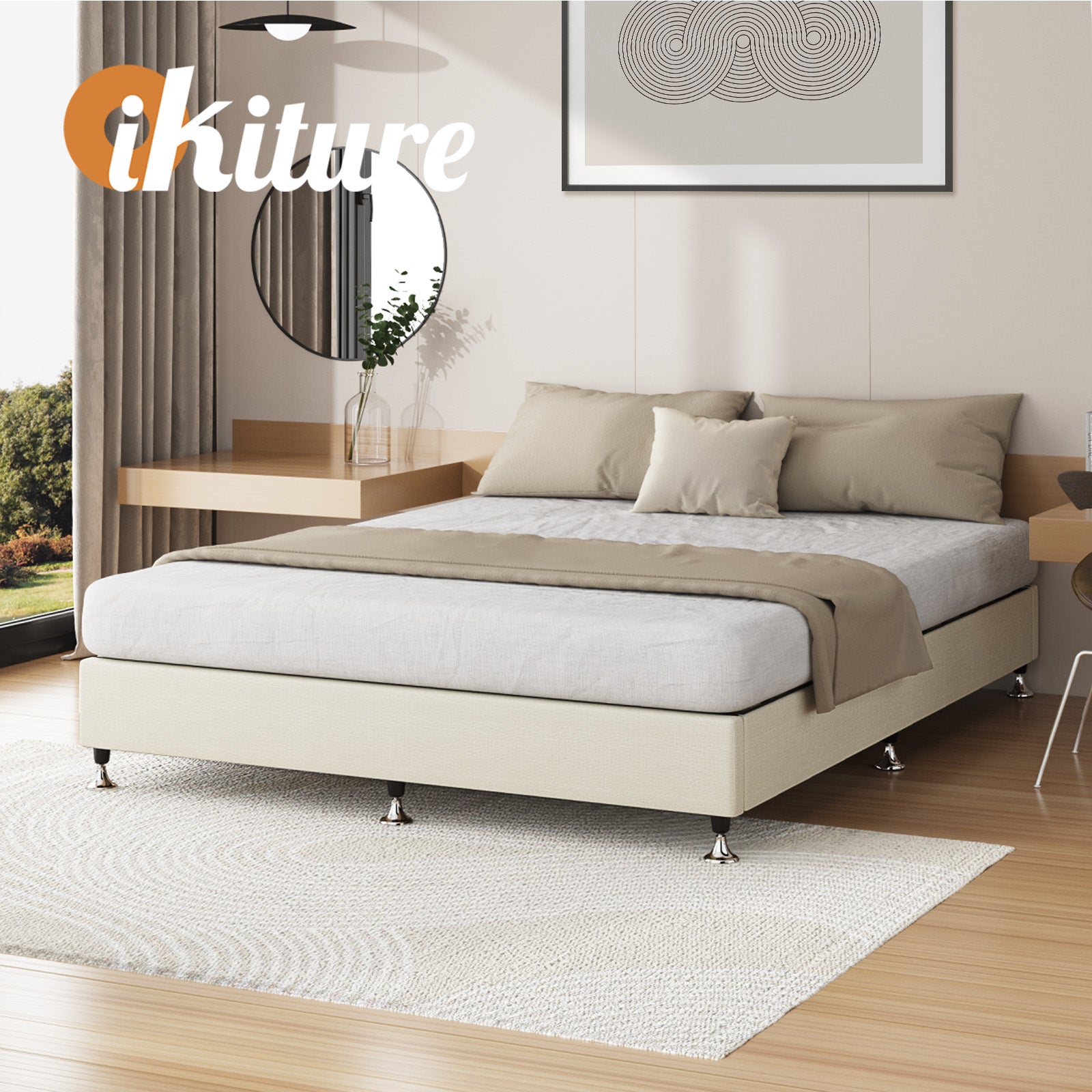Oikiture Bed Frame Double Size Bed Base Platform Beige - Sunyee
