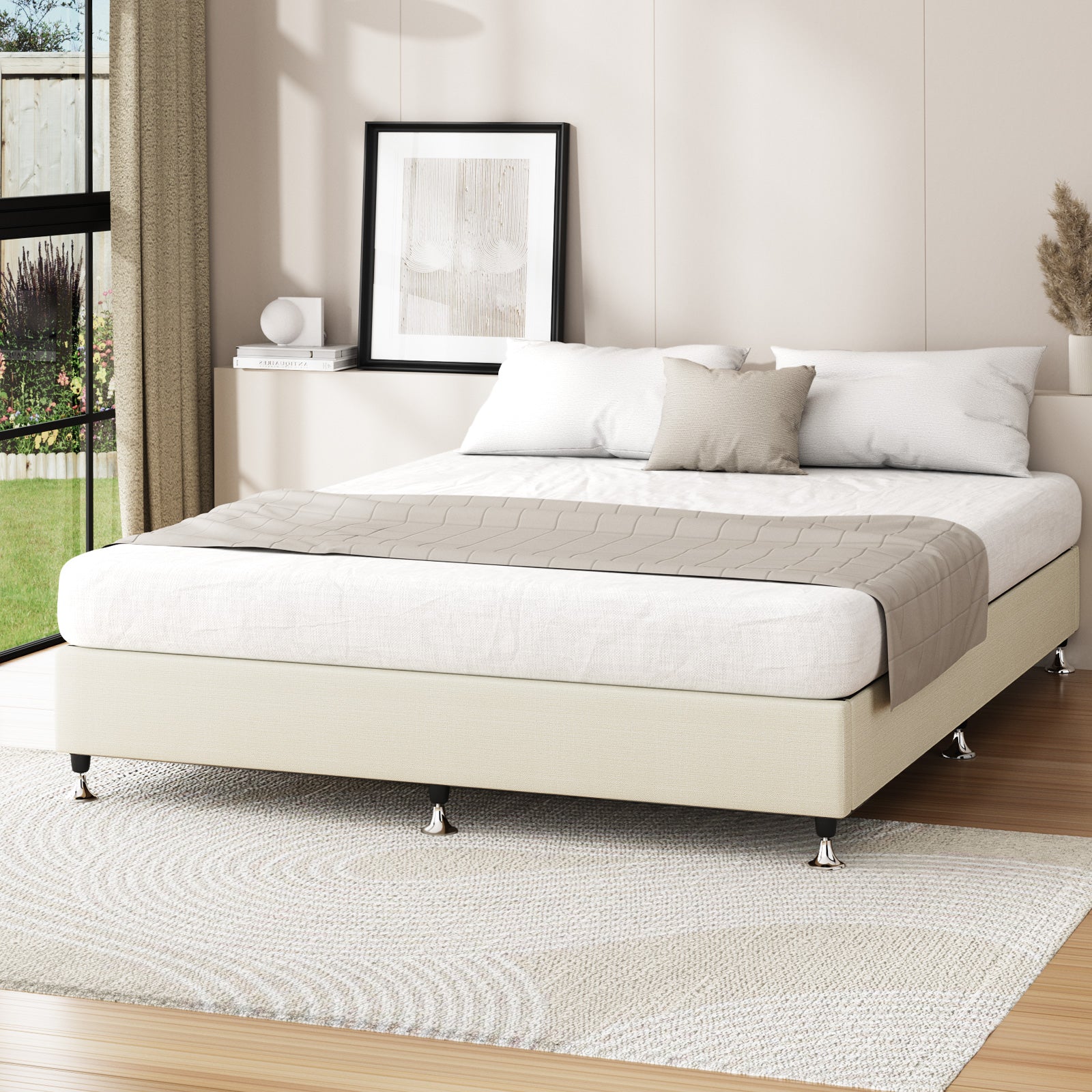 Oikiture Bed Frame King Size Bed Base Platform Beige - Sunyee