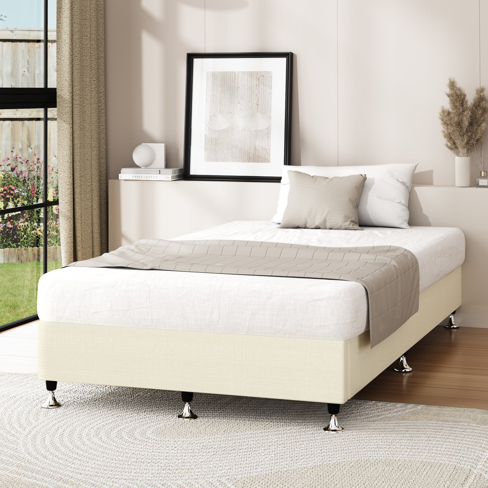 Oikiture Bed Frame King Single Bed Base Platform Beige - Sunyee