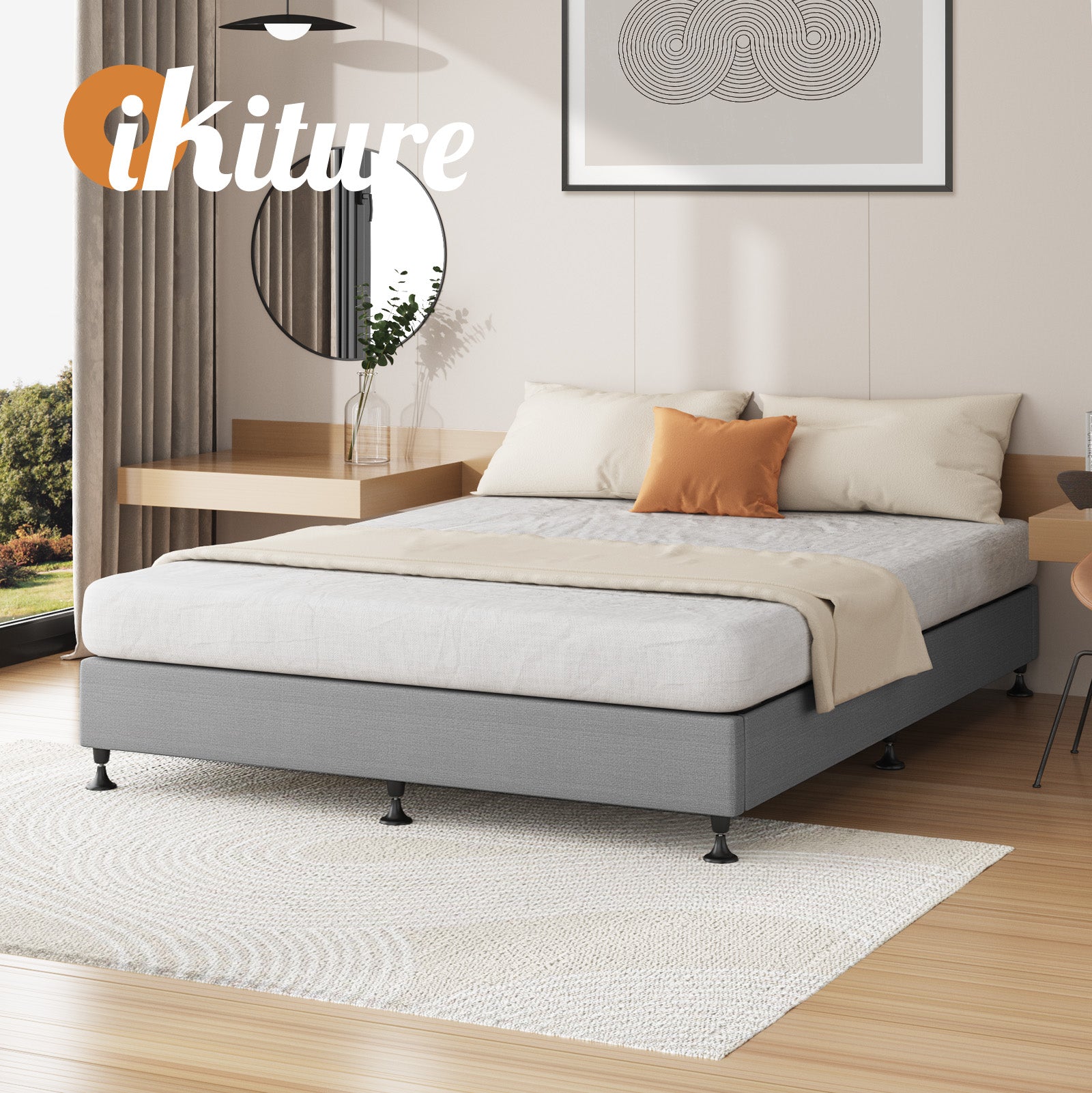 Oikiture Bed Frame Queen Size Bed Base Platform Grey - Sunyee