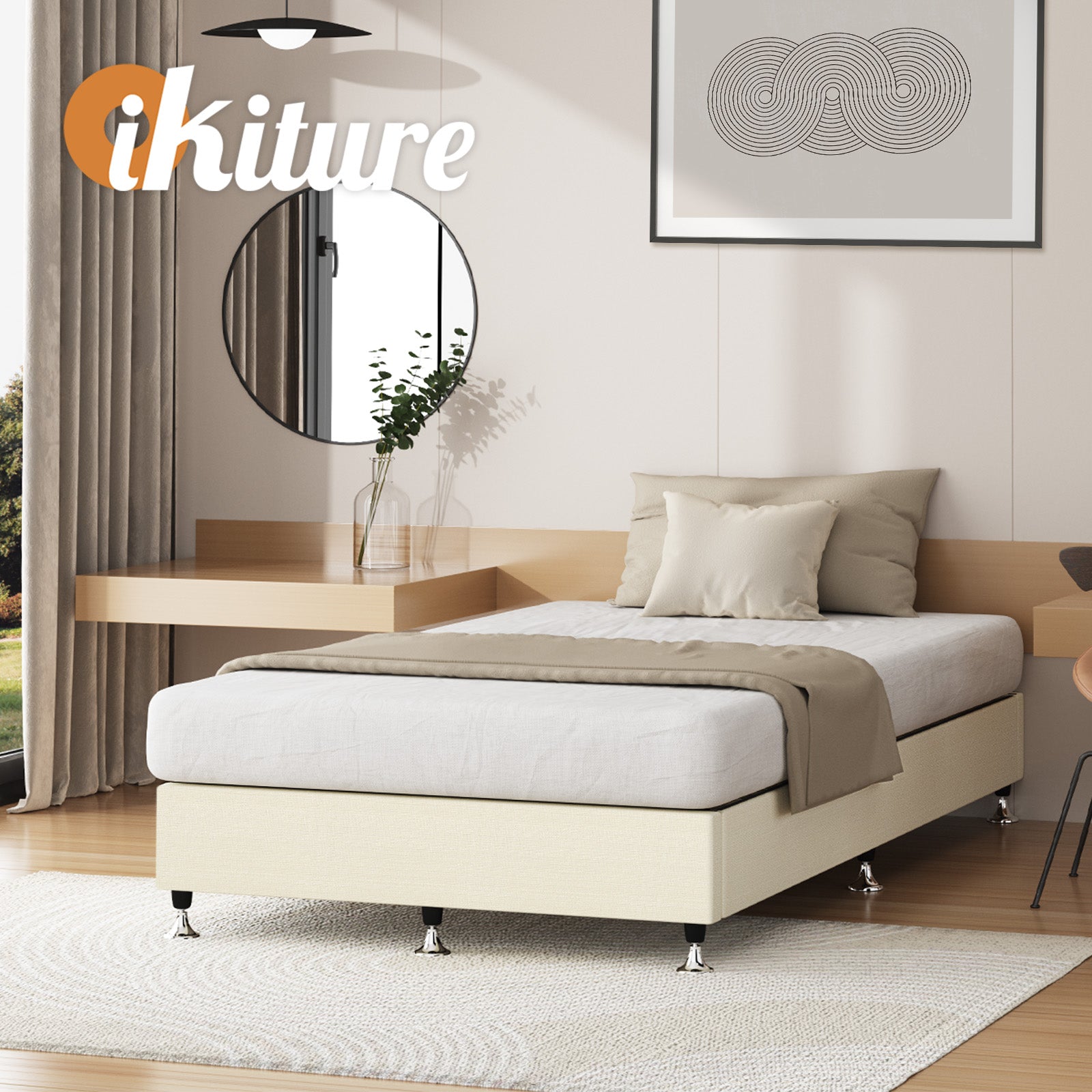 Oikiture Bed Frame Single Size Bed Base Platform Beige - Sunyee